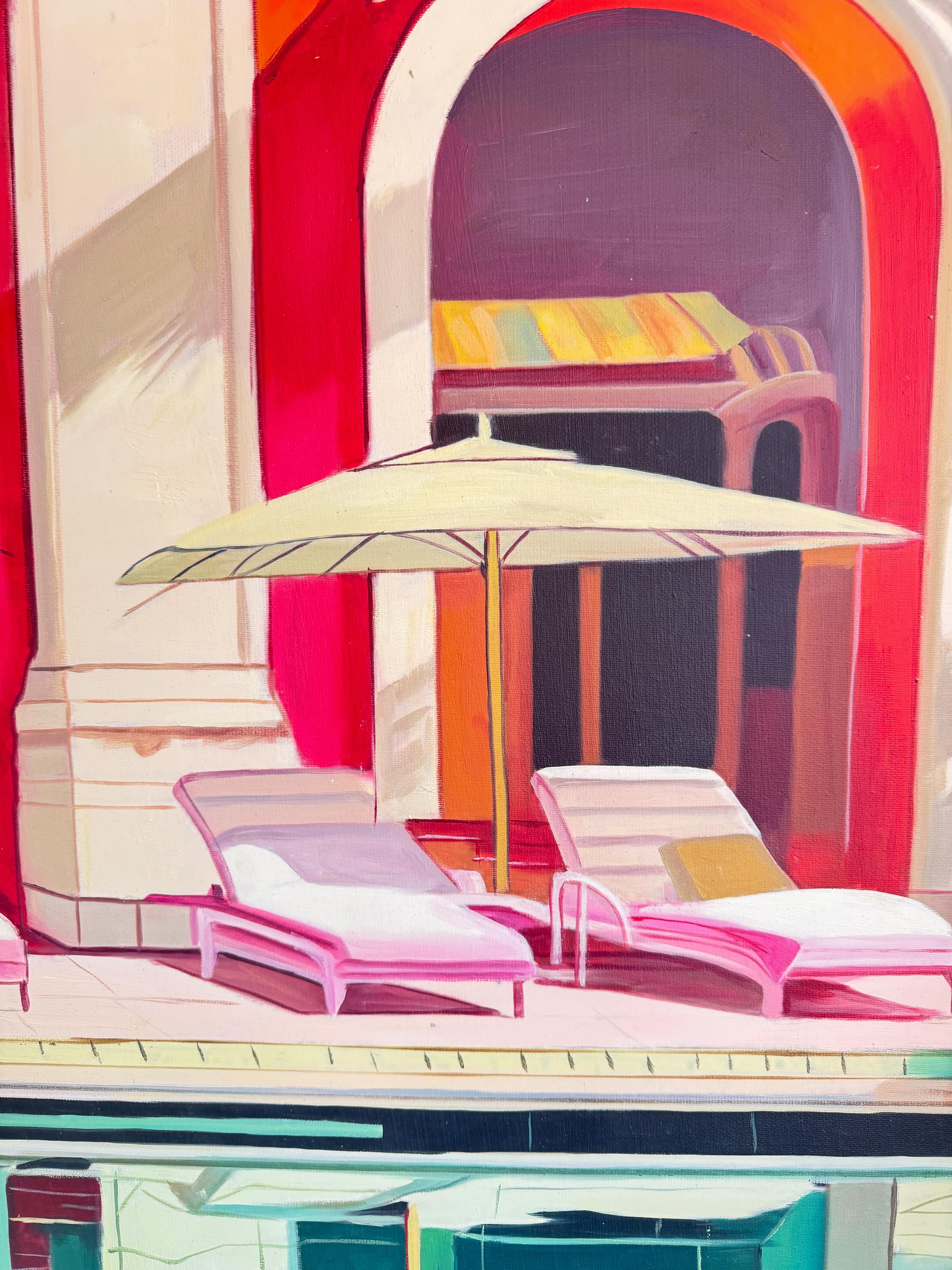Le temps de se détendre - Architecture contemporaine Pool House Peinture à l'huile en vente 3