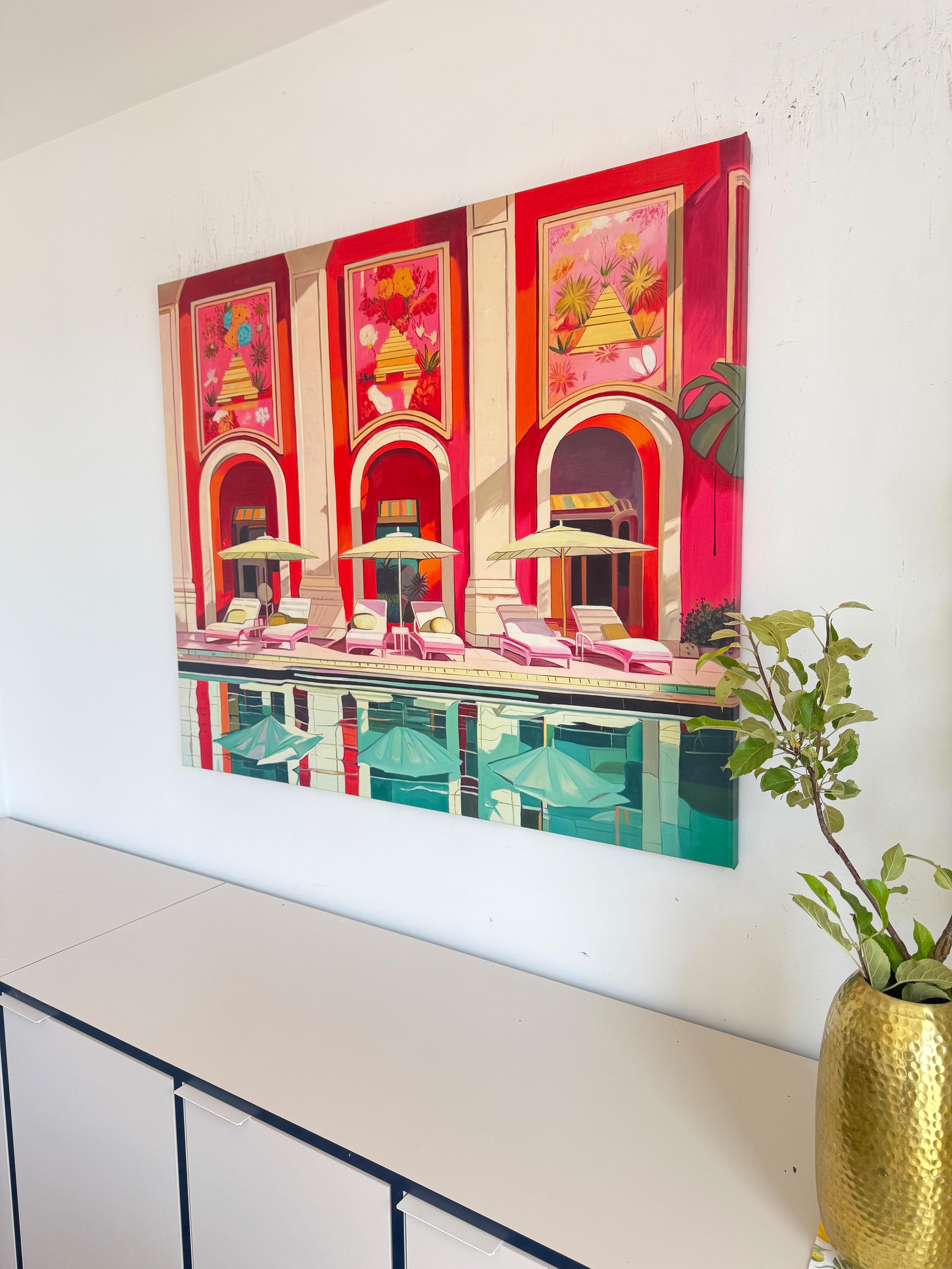 Le temps de se détendre - Architecture contemporaine Pool House Peinture à l'huile en vente 6