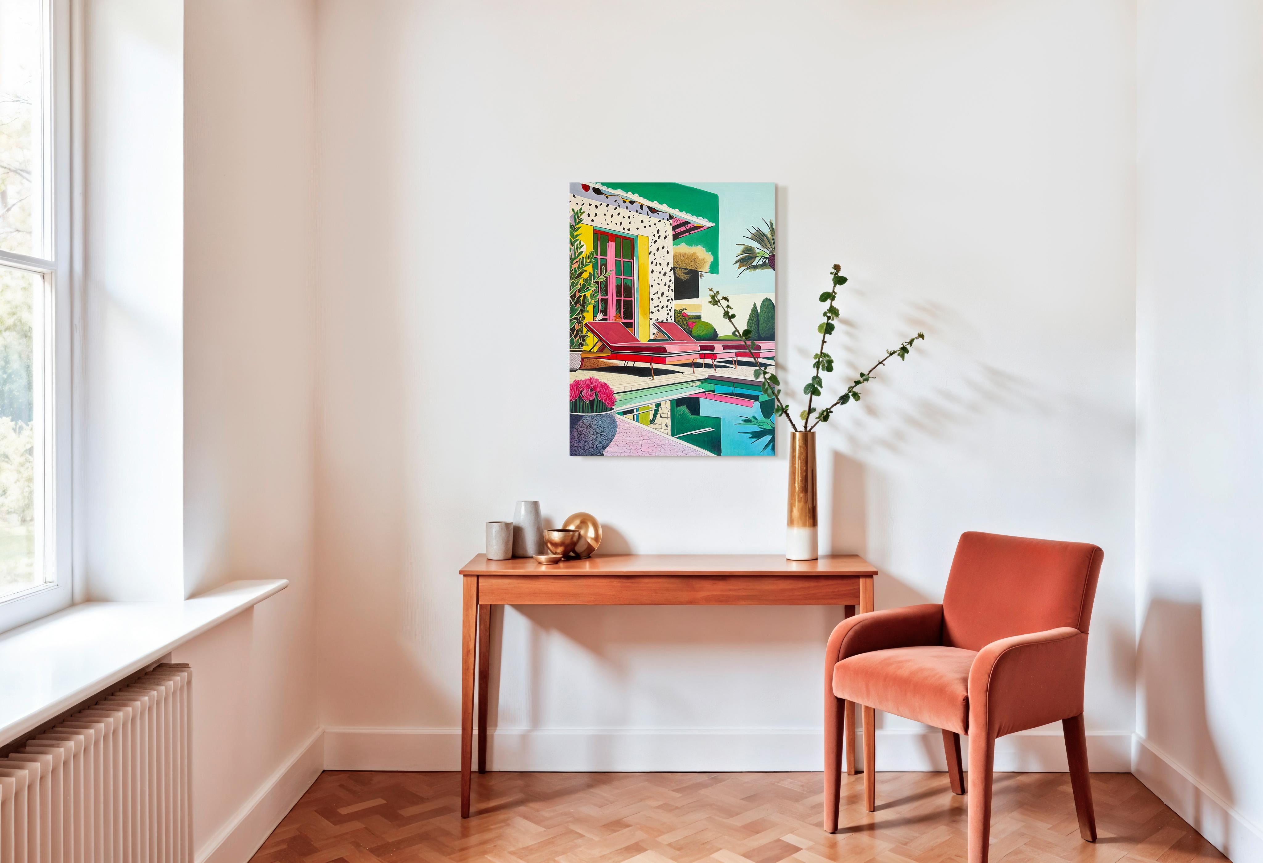 Gemeinsam für den Moment - Zeitgenössische Architektur Poolhaus Ölgemälde (Beige), Abstract Painting, von Lilly Muth