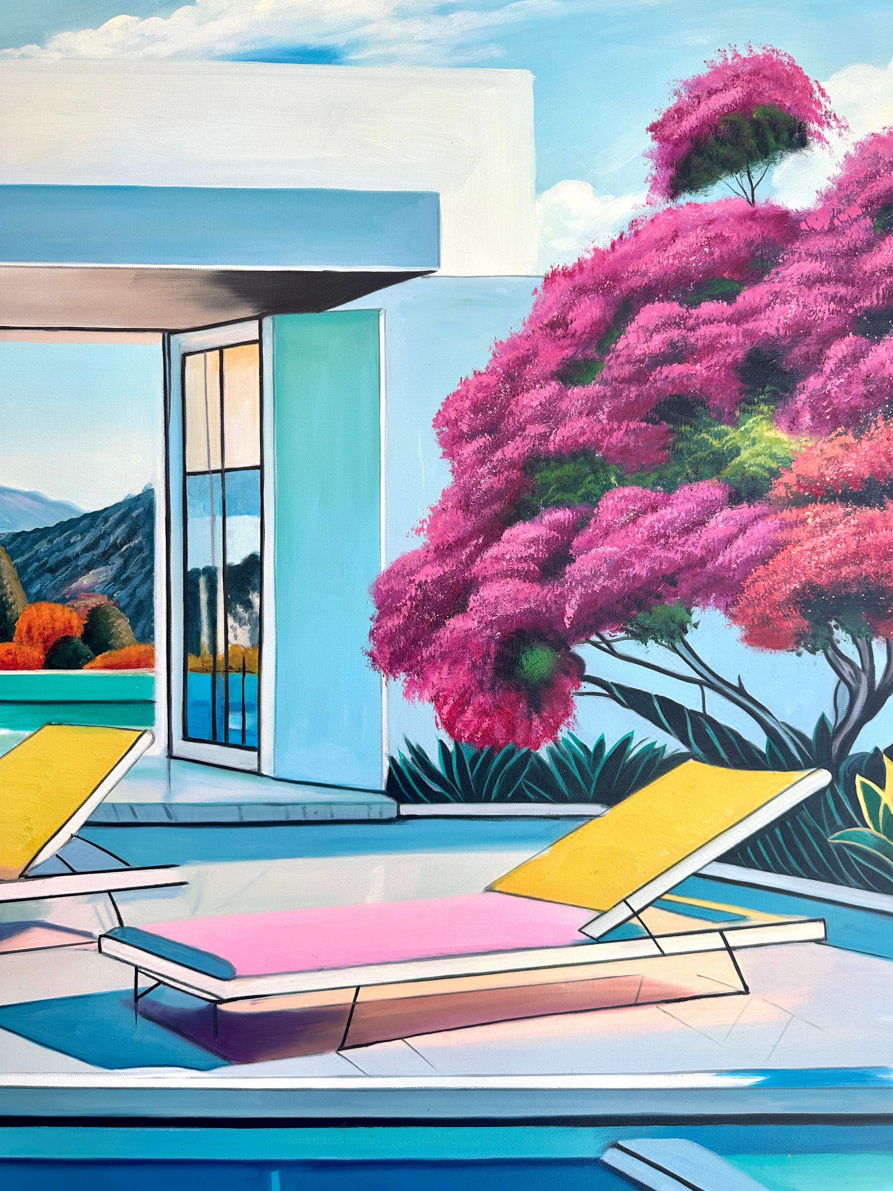 Together through Time - Contemporary Architecture Pool House Oil Painting For Sale 9