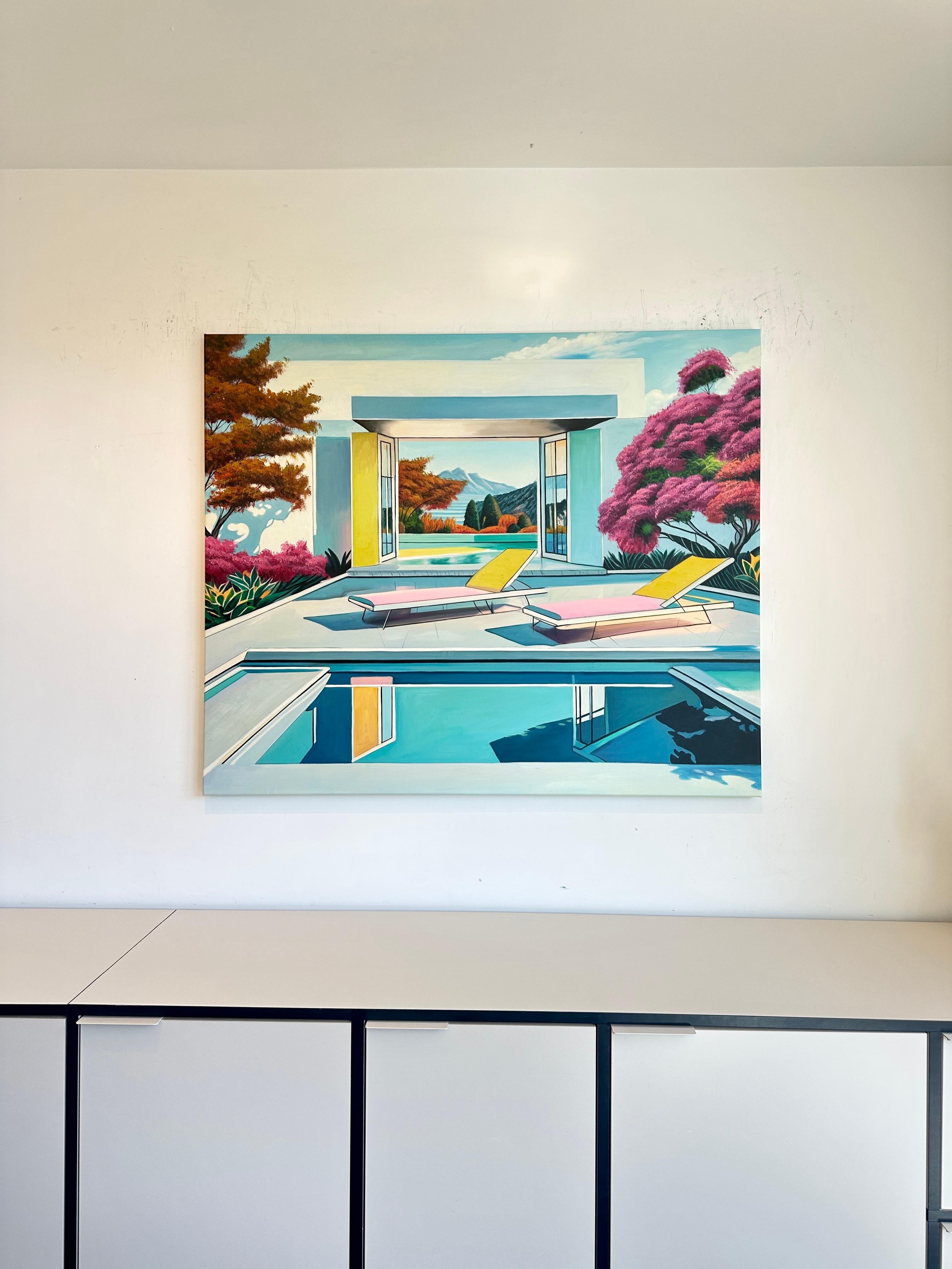 Together through Time - Contemporary Architecture Pool House Oil Painting For Sale 10