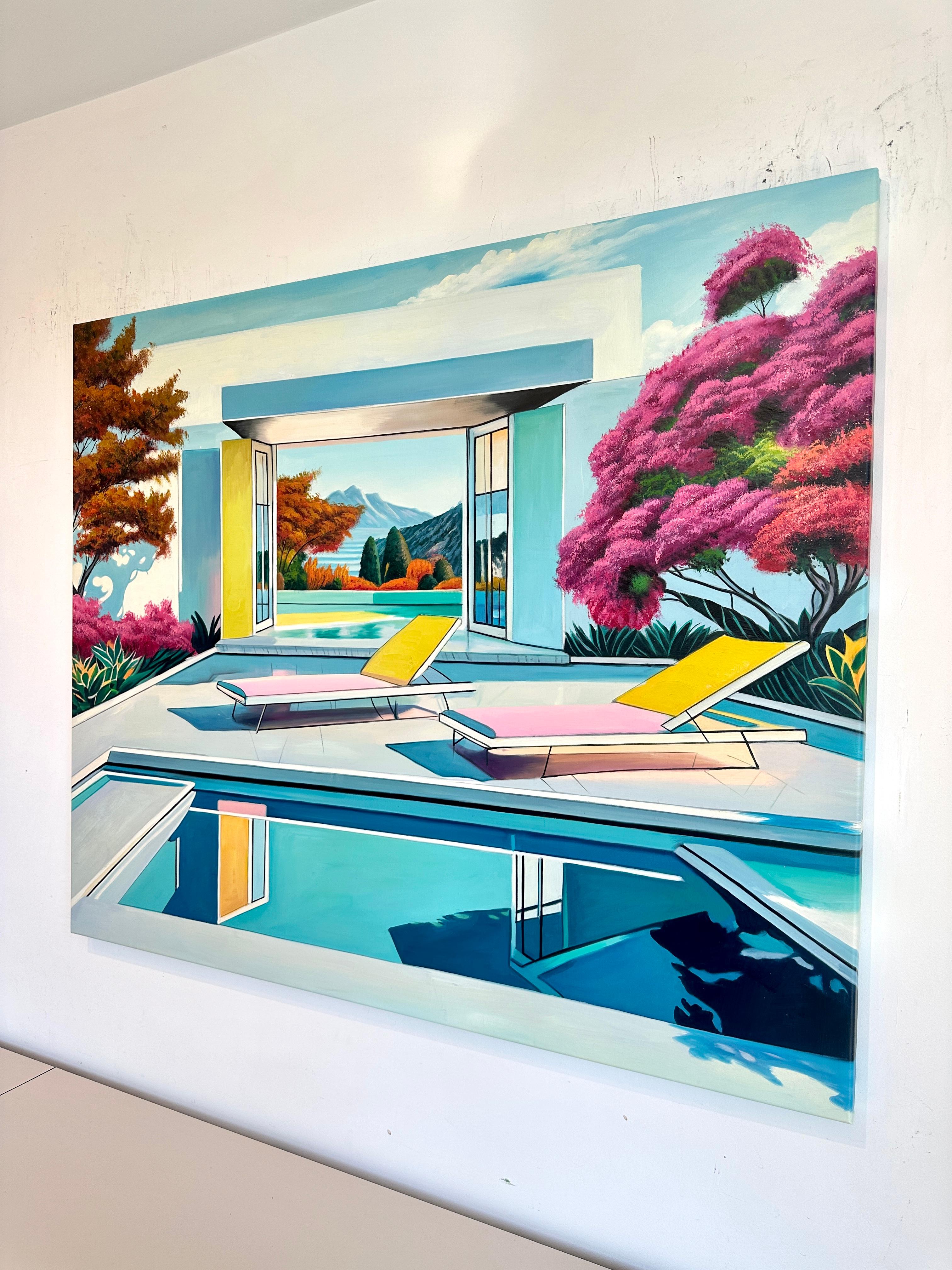 Together through Time - Contemporary Architecture Pool House Oil Painting For Sale 11
