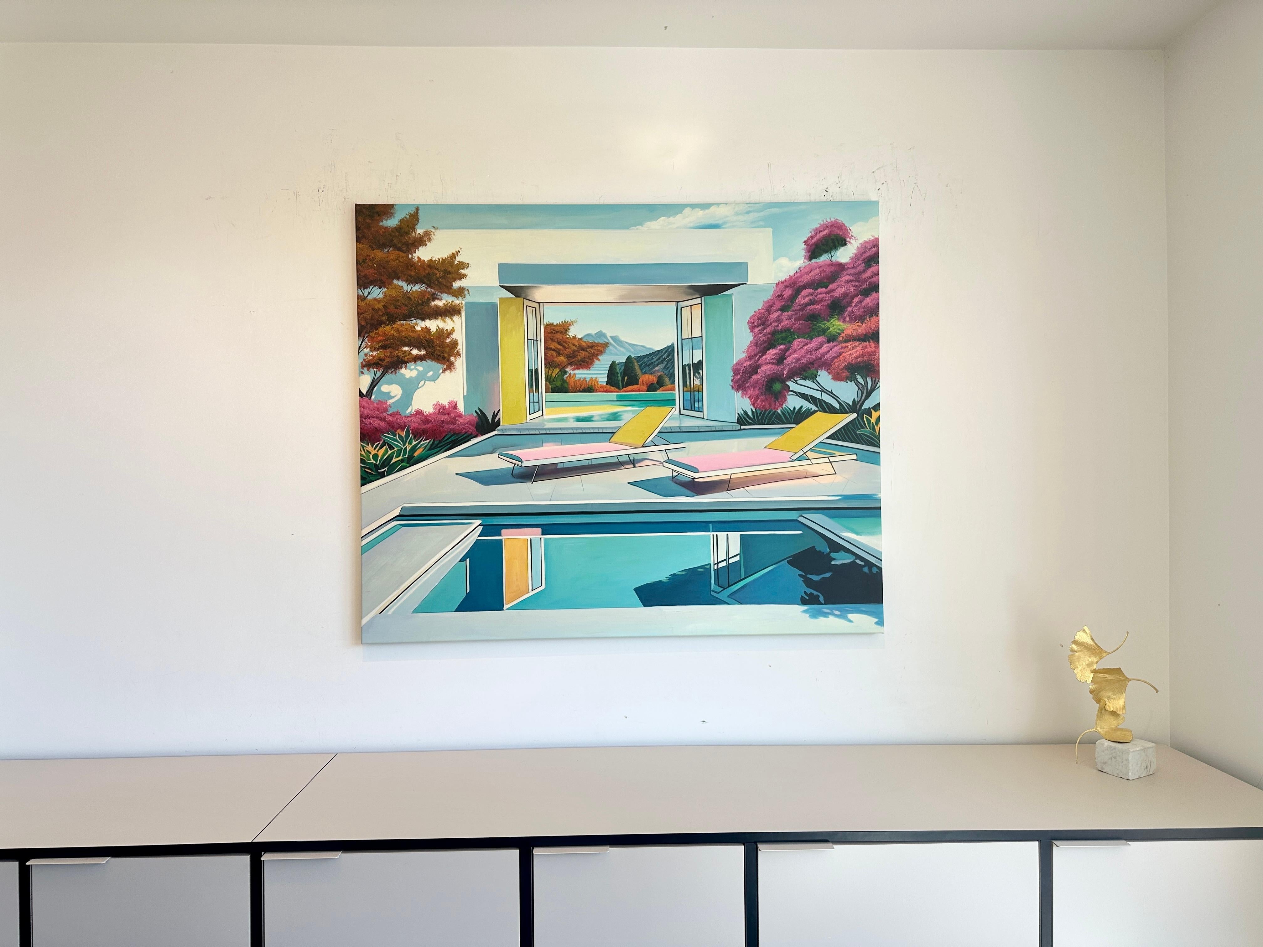 Together through Time - Contemporary Architecture Pool House Oil Painting For Sale 12