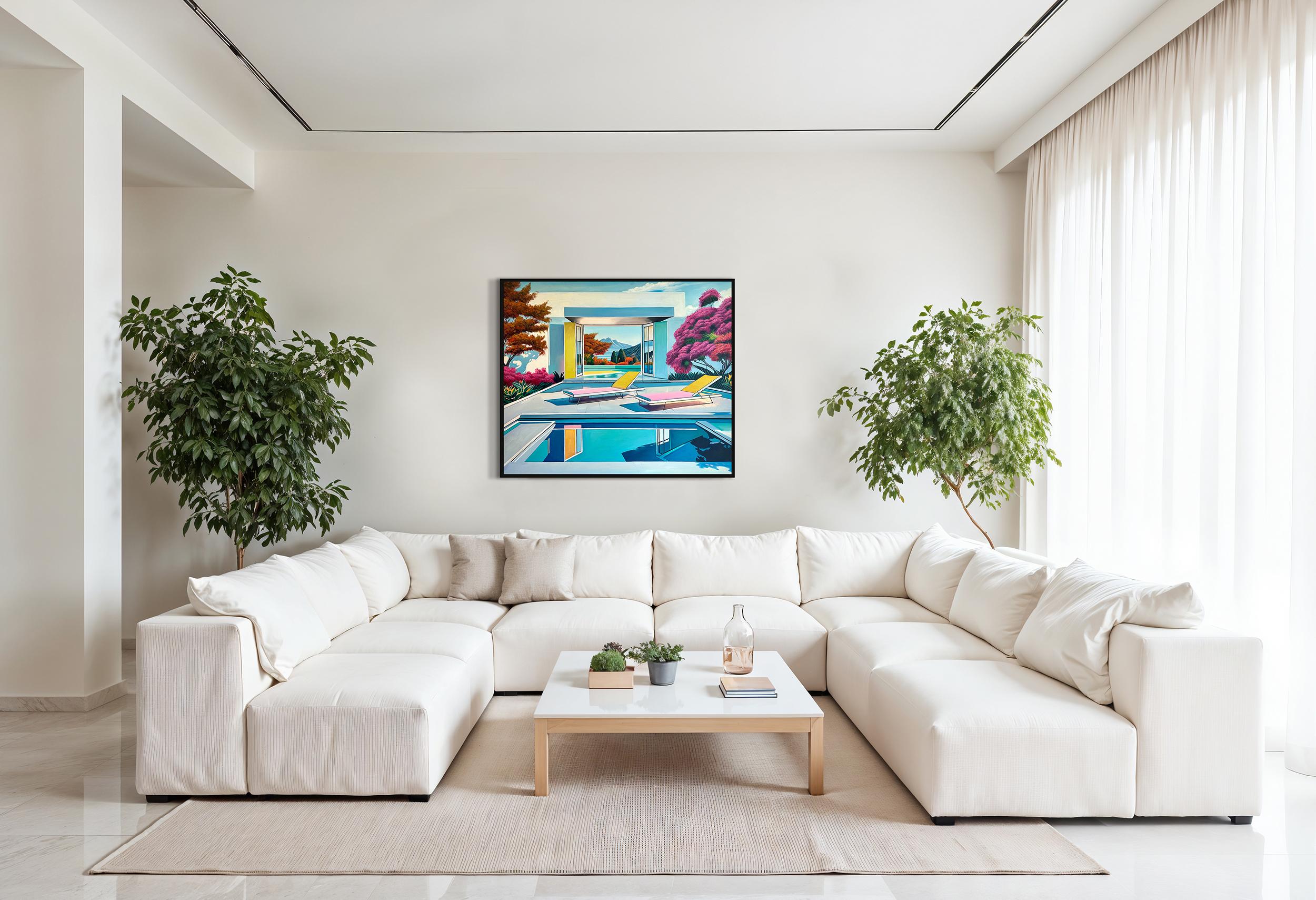 Together through Time - Contemporary Architecture Pool House Oil Painting For Sale 13
