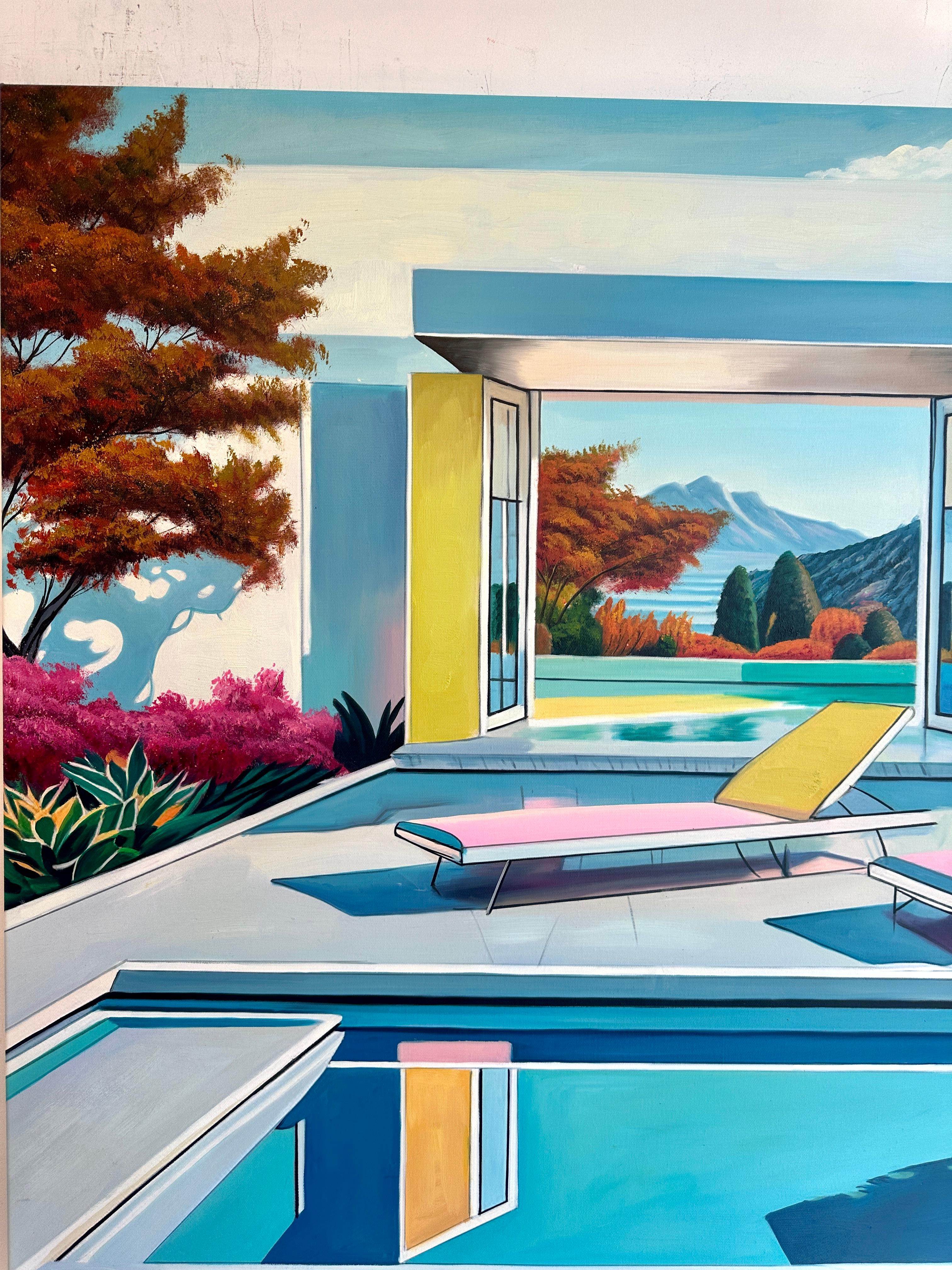Together through Time - Contemporary Architecture Pool House Oil Painting For Sale 3