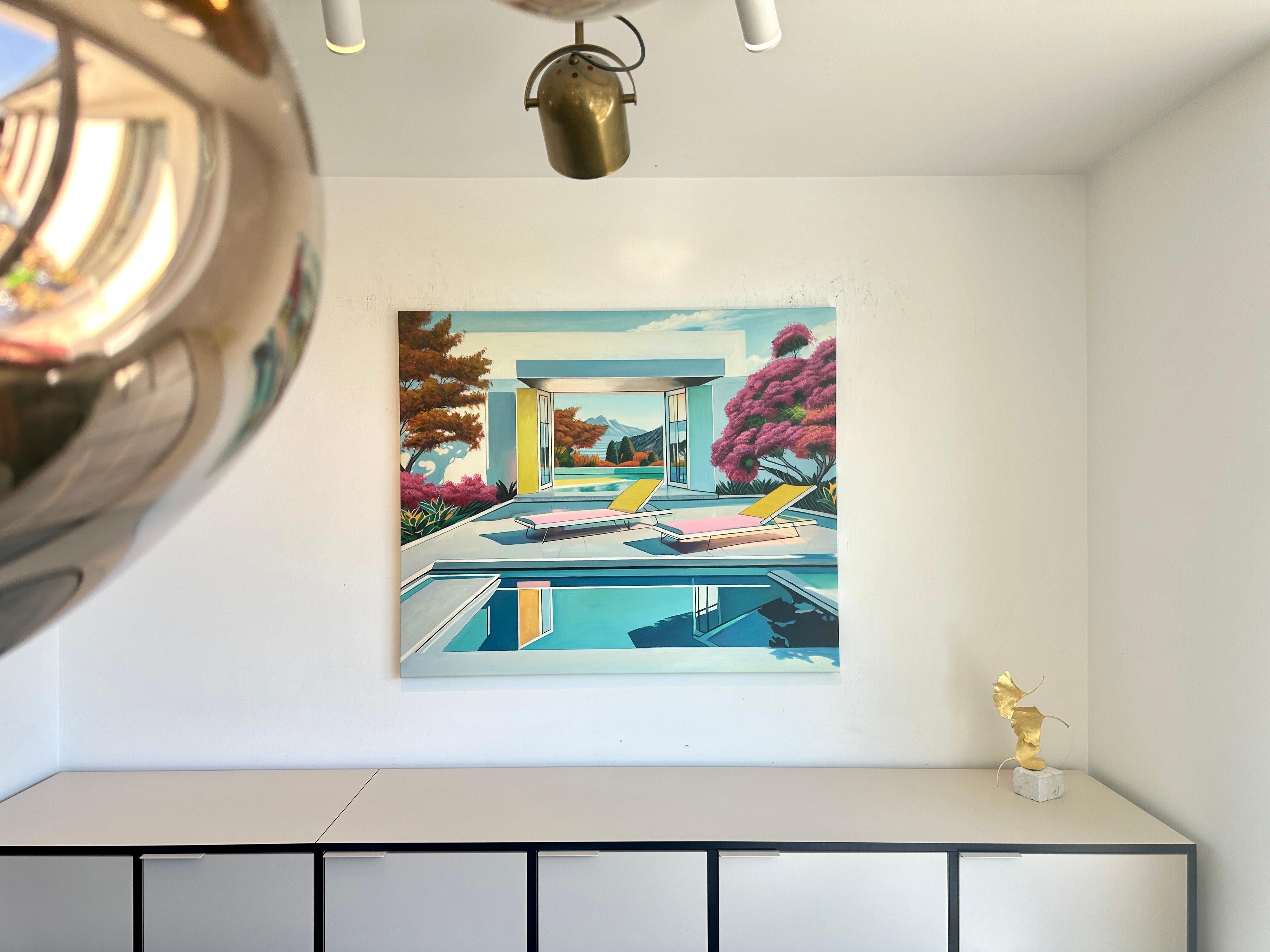 Together through Time - Contemporary Architecture Pool House Oil Painting For Sale 4