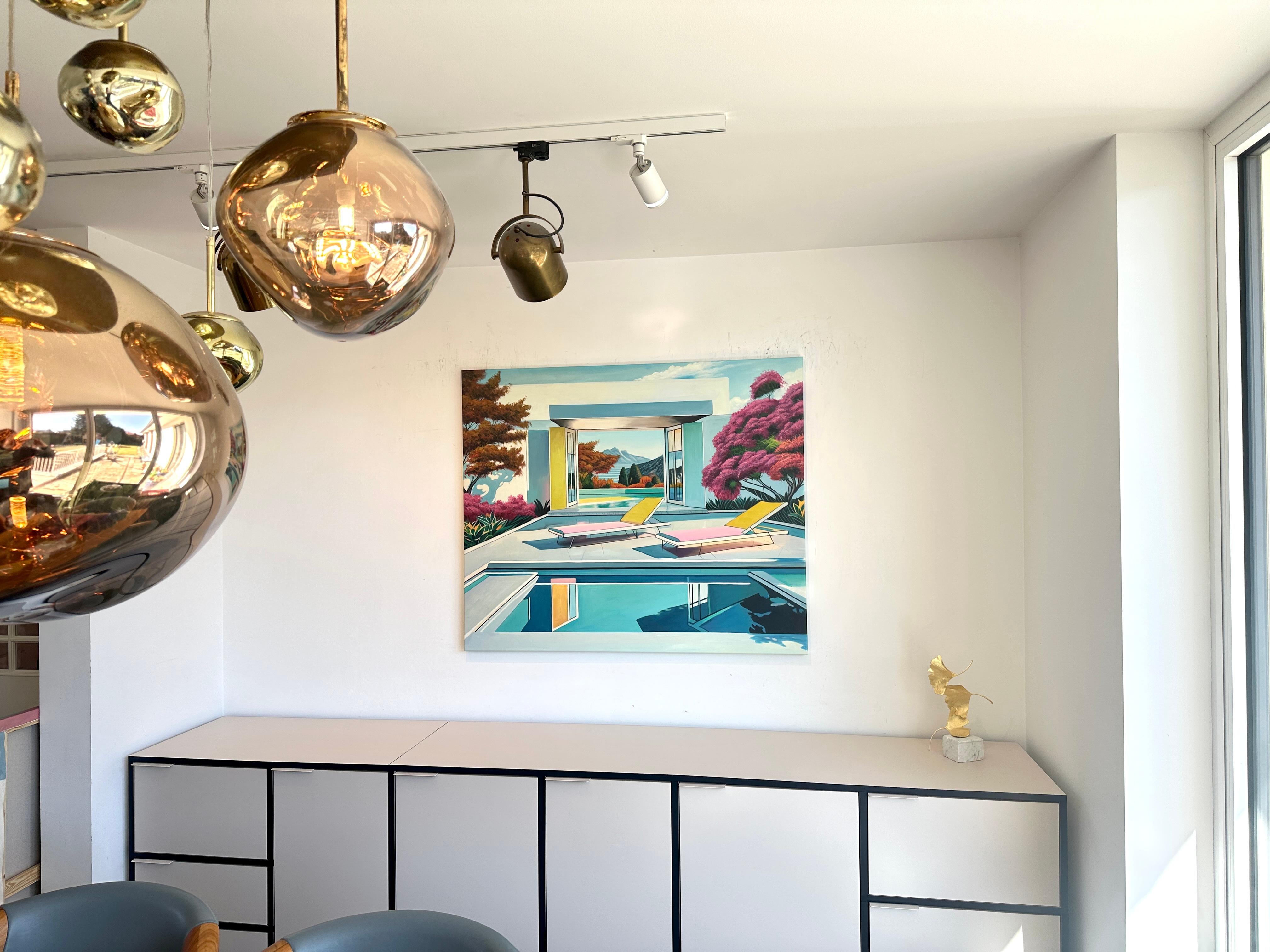 Together through Time - Contemporary Architecture Pool House Oil Painting For Sale 5
