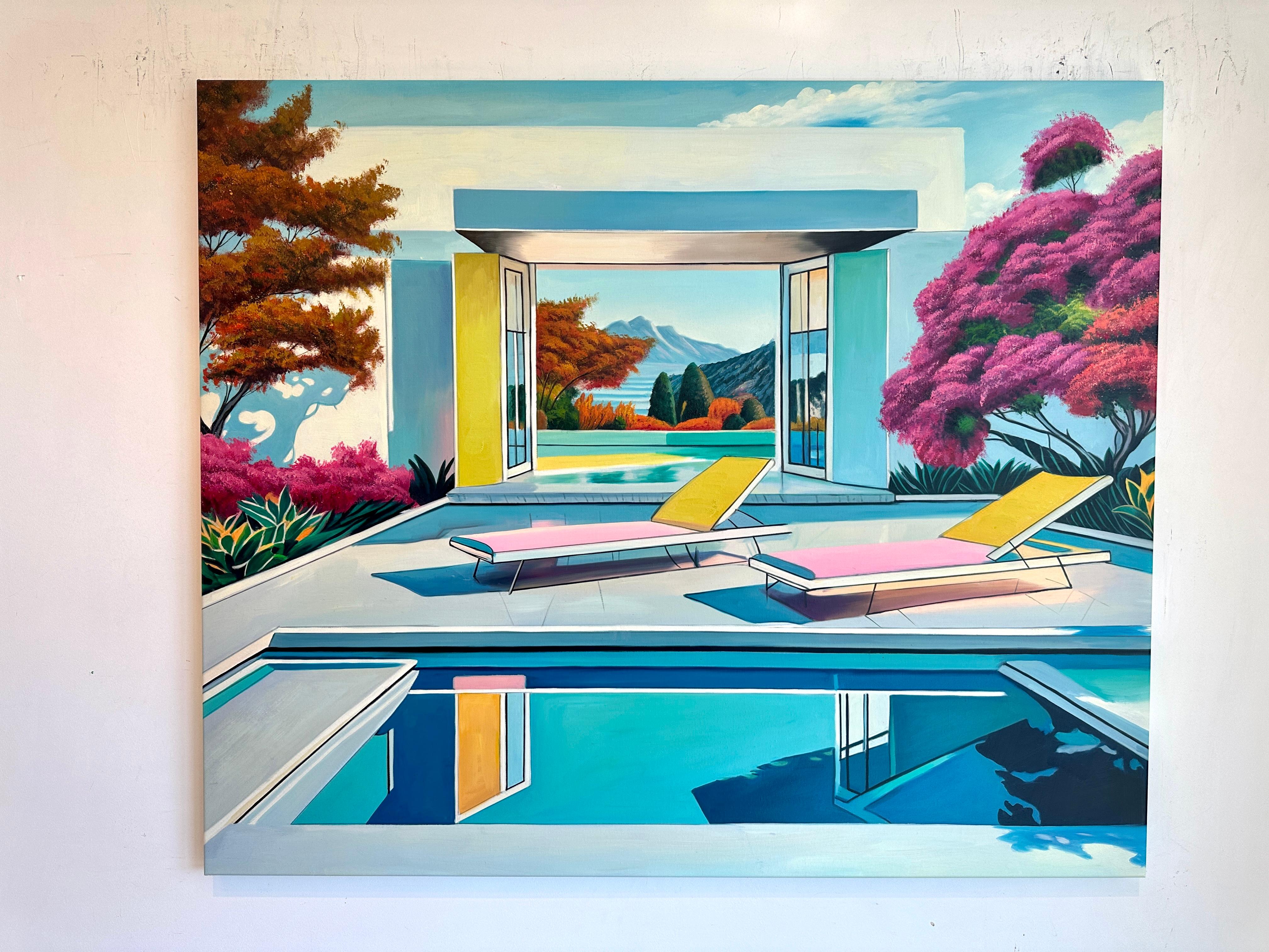 Together through Time - Contemporary Architecture Pool House Oil Painting For Sale 6