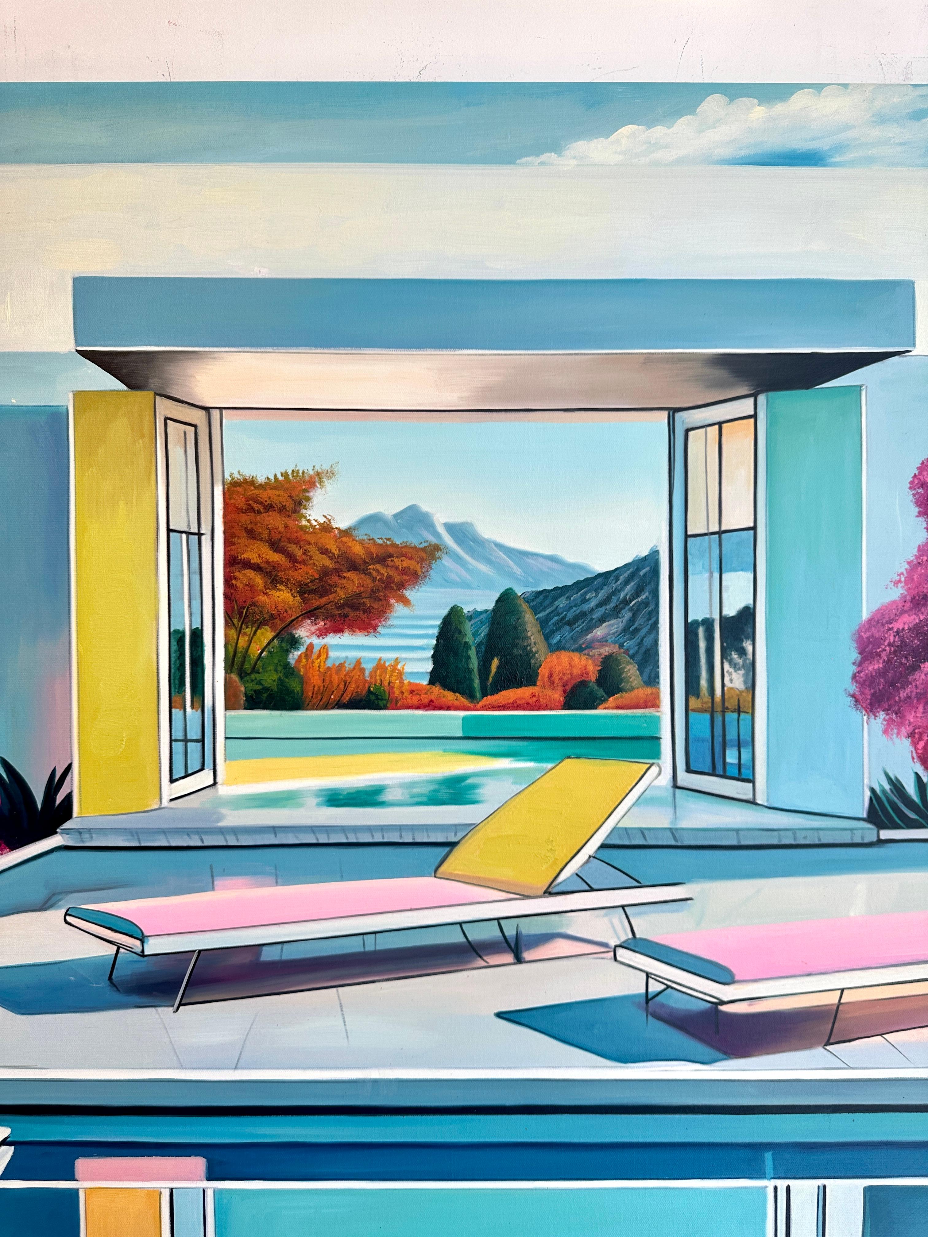 Together through Time - Contemporary Architecture Pool House Oil Painting For Sale 7