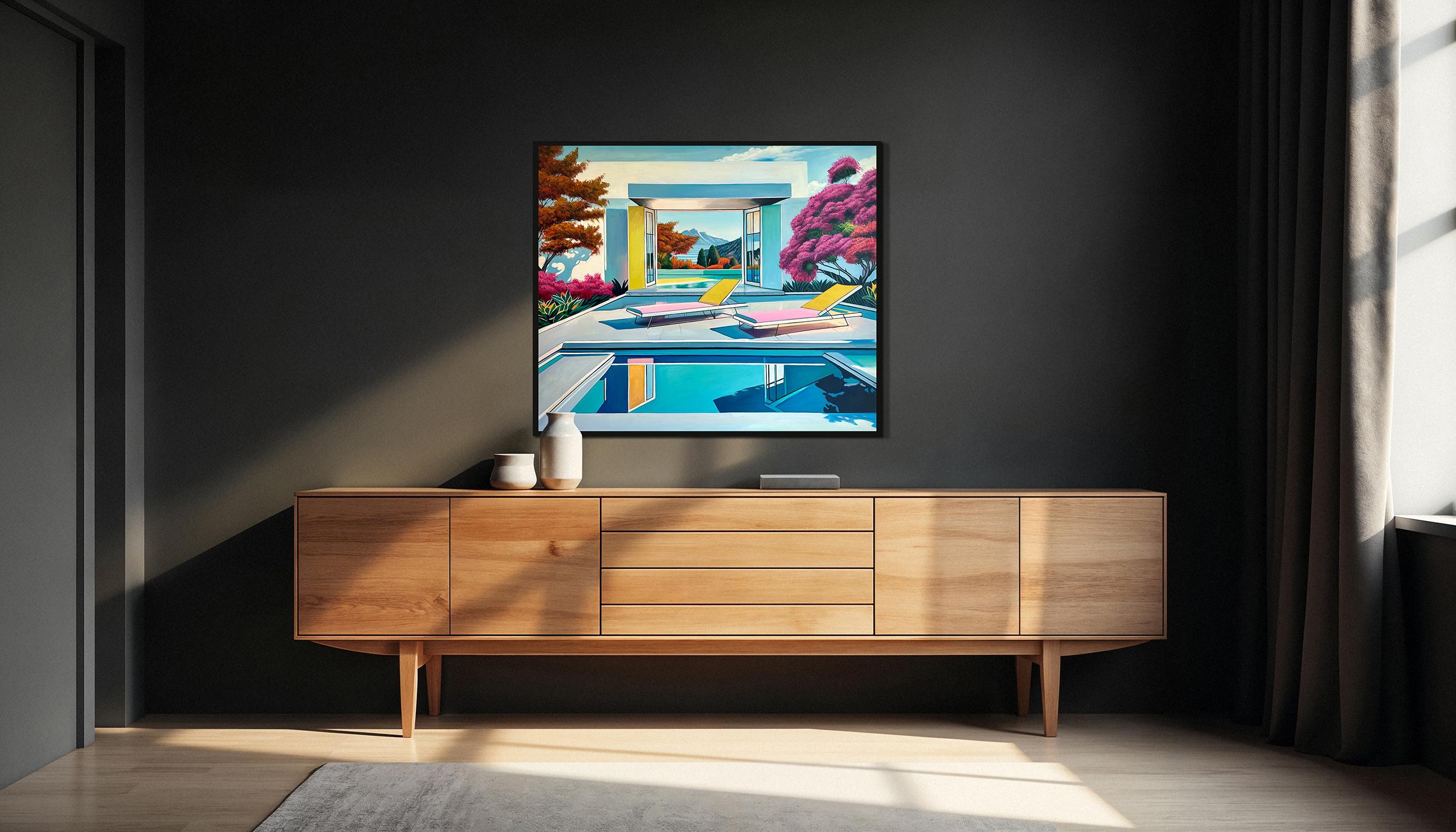 Together through Time - Contemporary Architecture Pool House Oil Painting For Sale 8