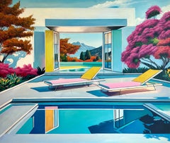 Together through Time - Contemporary Architecture Pool House Oil Painting