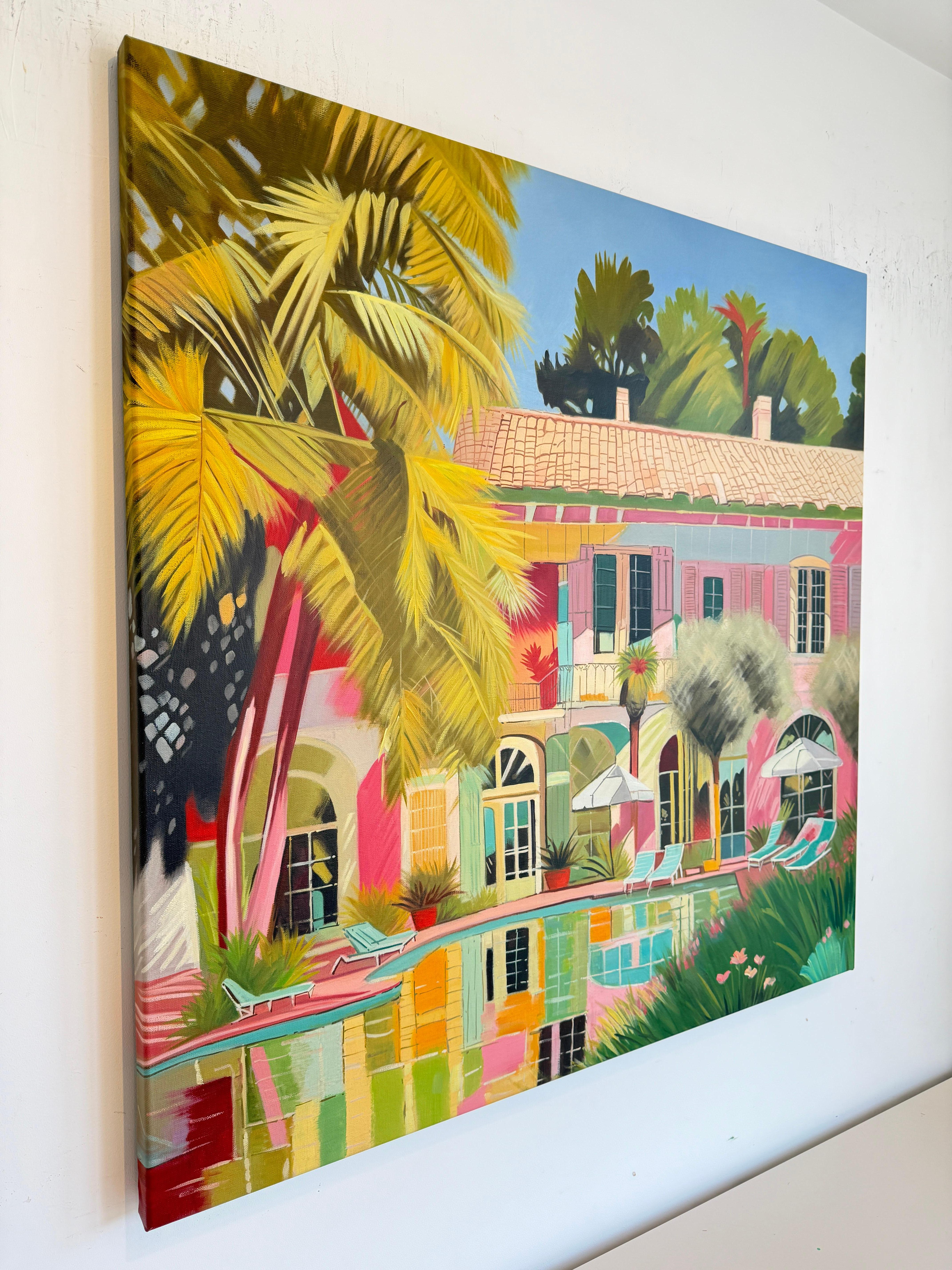 Acque incontaminate dell'amore - Pittura a olio di architettura contemporanea con piscina in vendita 5