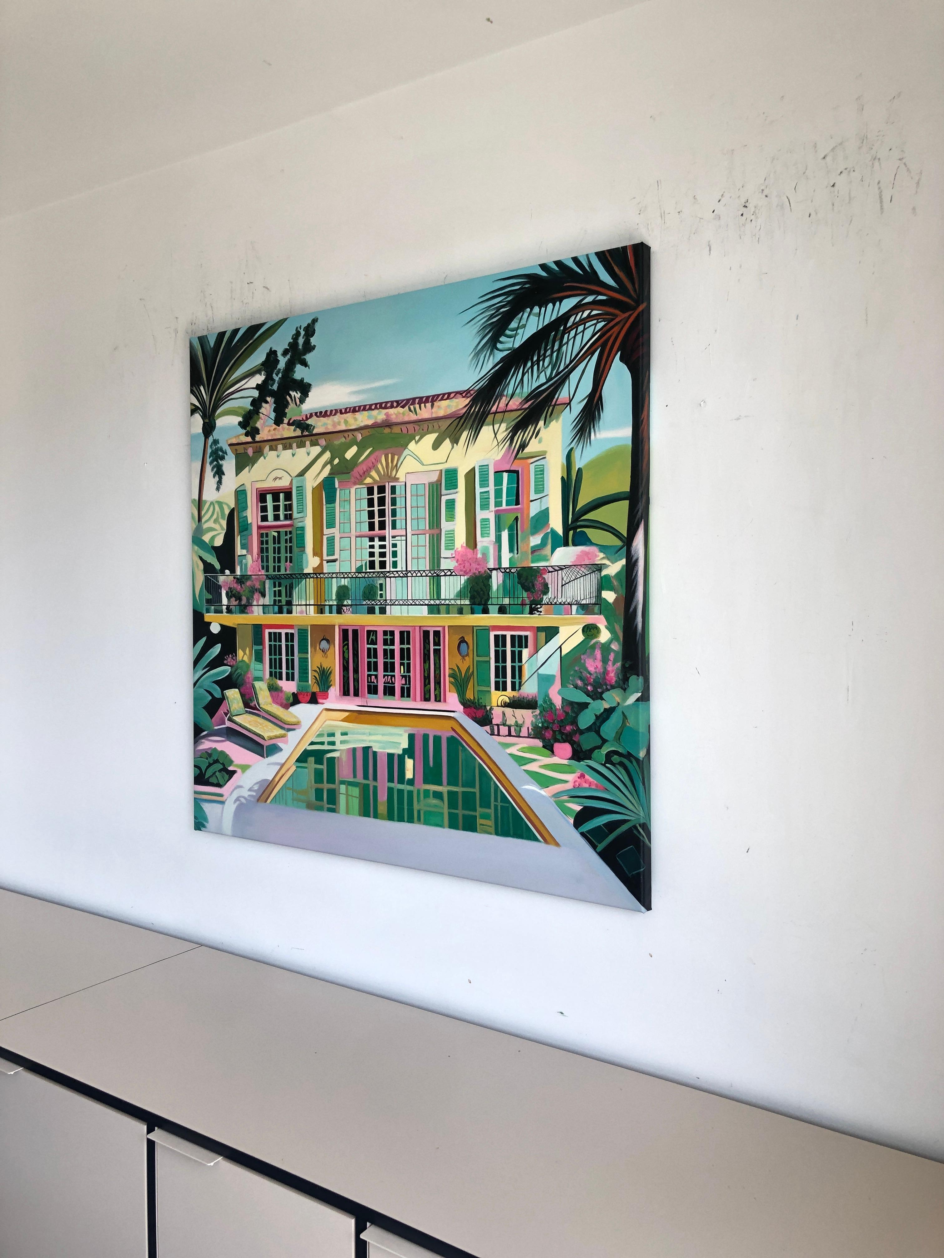 Unchartered Waters of Love - Contemporary Architecture Pool House Oil Painting For Sale 7