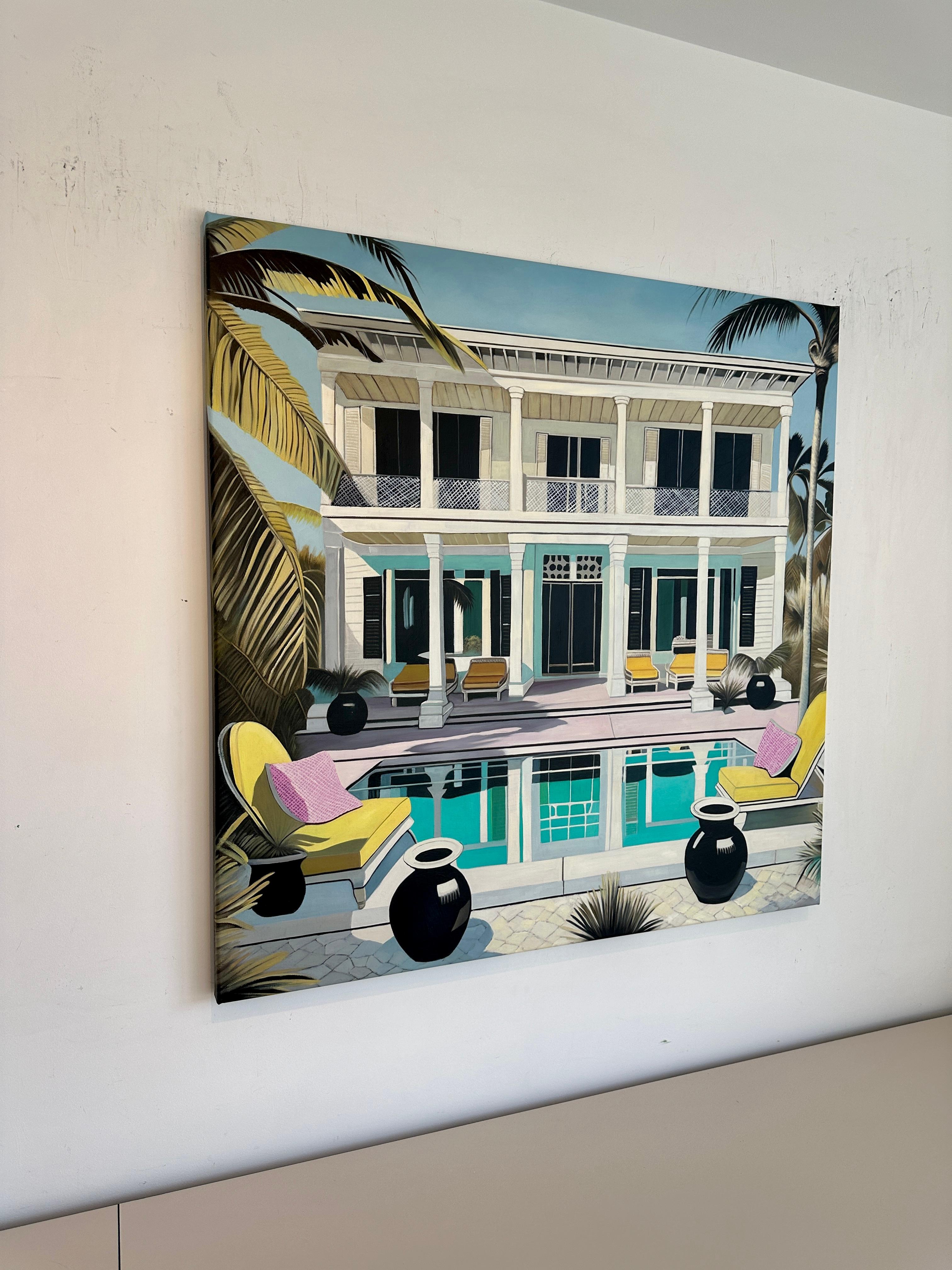 Unbekannte Gewässer der Liebe - Zeitgenössische Architektur POOL Haus Ölgemälde im Angebot 7