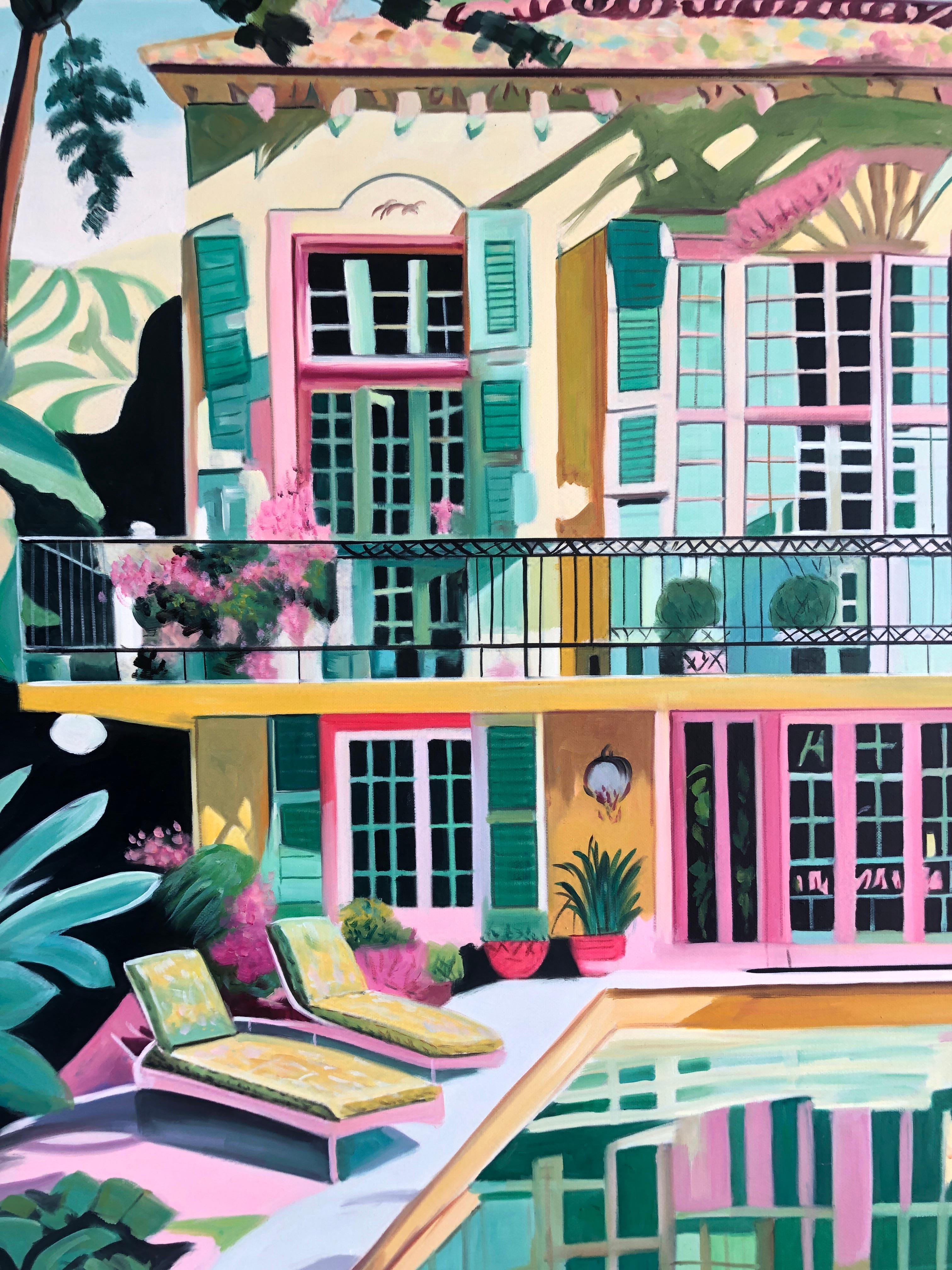 Unchartered Waters of Love - Contemporary Architecture Pool House Oil Painting For Sale 8