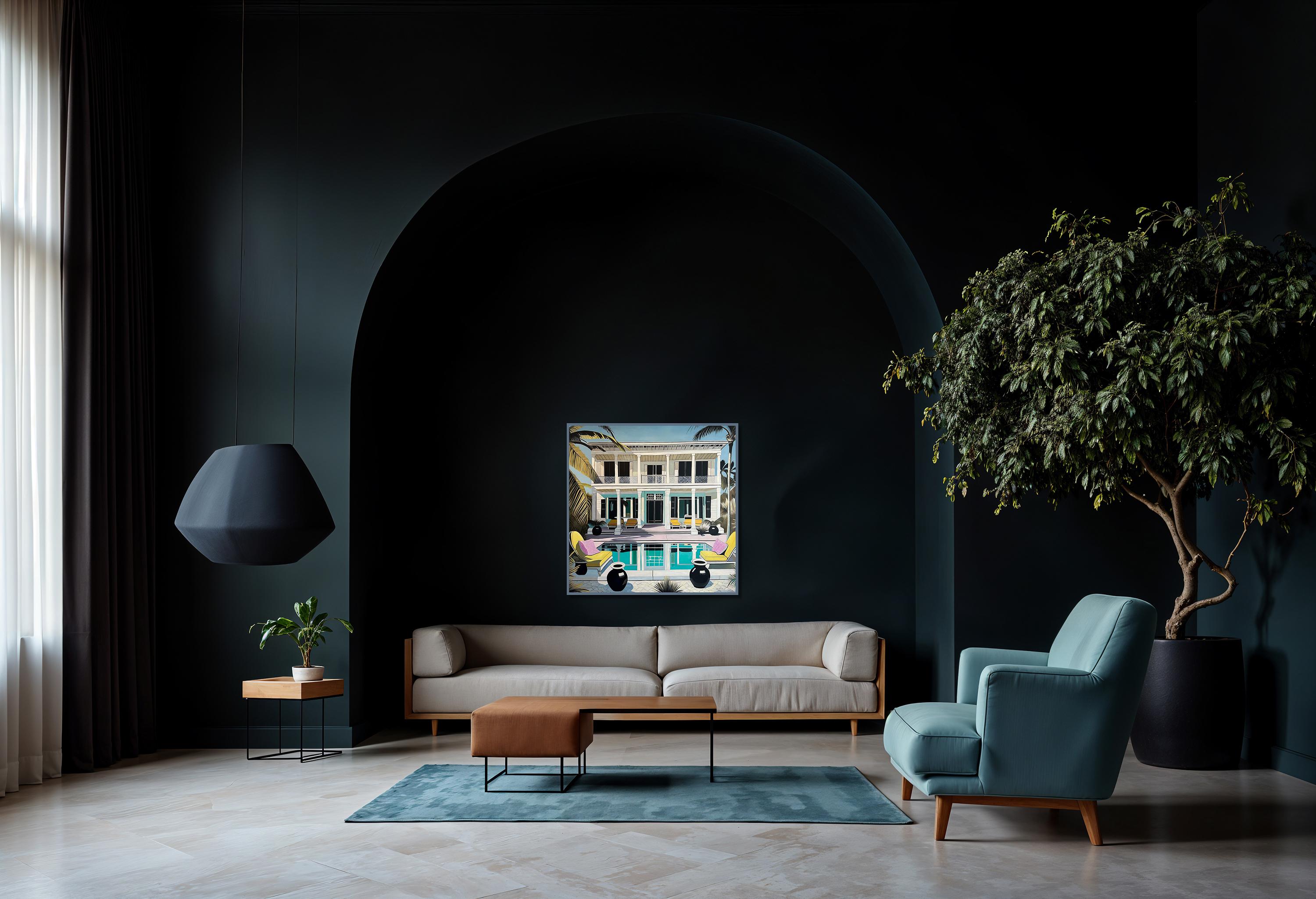 Unbekannte Gewässer der Liebe - Zeitgenössische Architektur POOL Haus Ölgemälde im Angebot 8