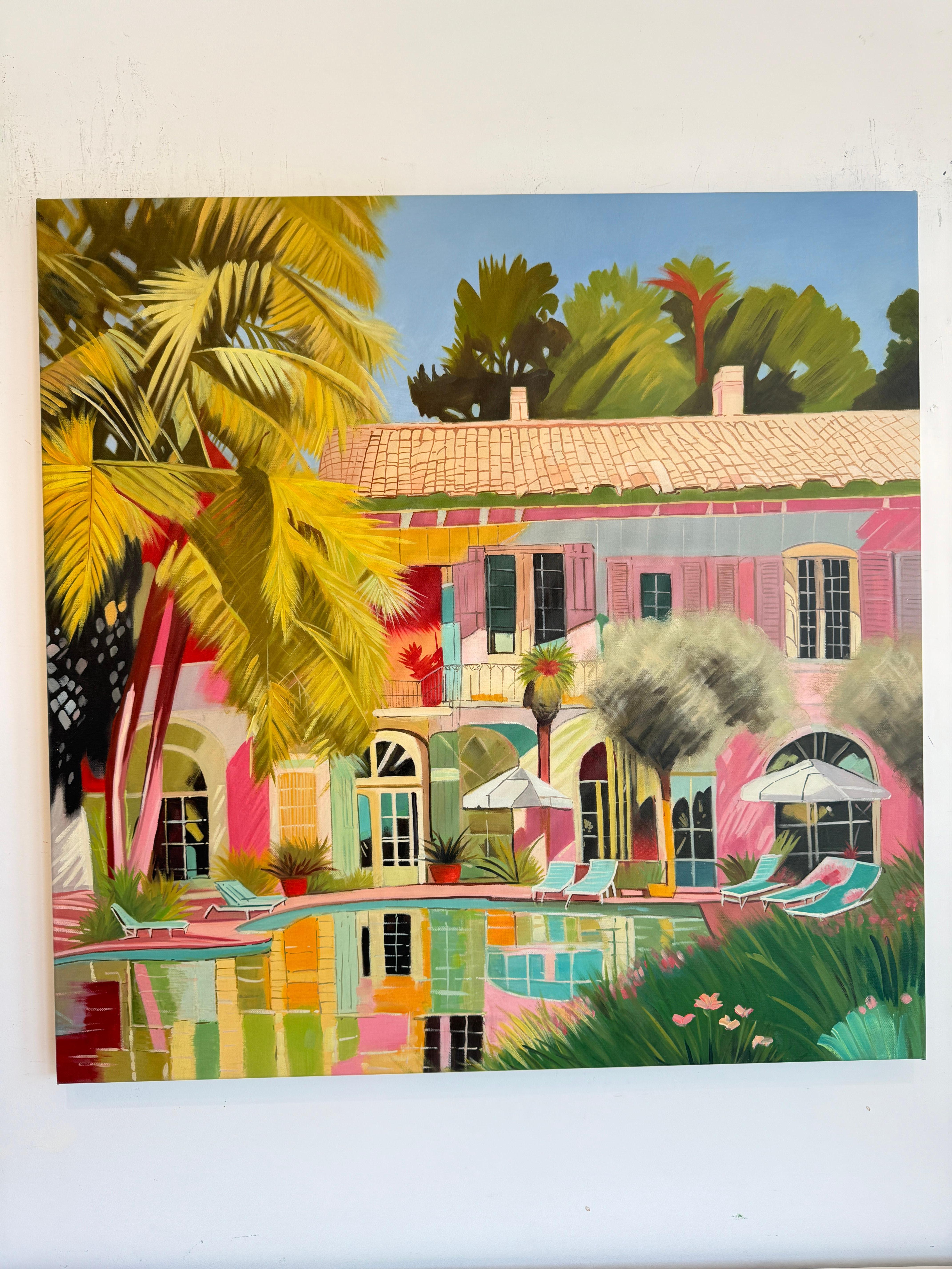 Acque incontaminate dell'amore - Pittura a olio di architettura contemporanea con piscina in vendita 7