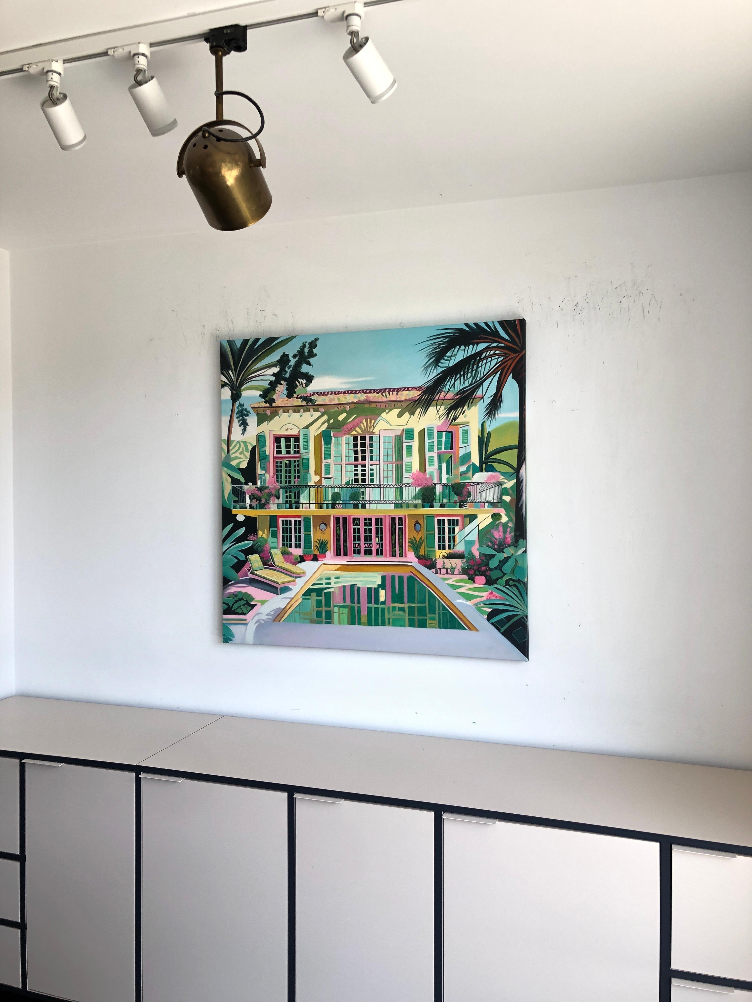 Unchartered Waters of Love - Contemporary Architecture Pool House Oil Painting For Sale 9