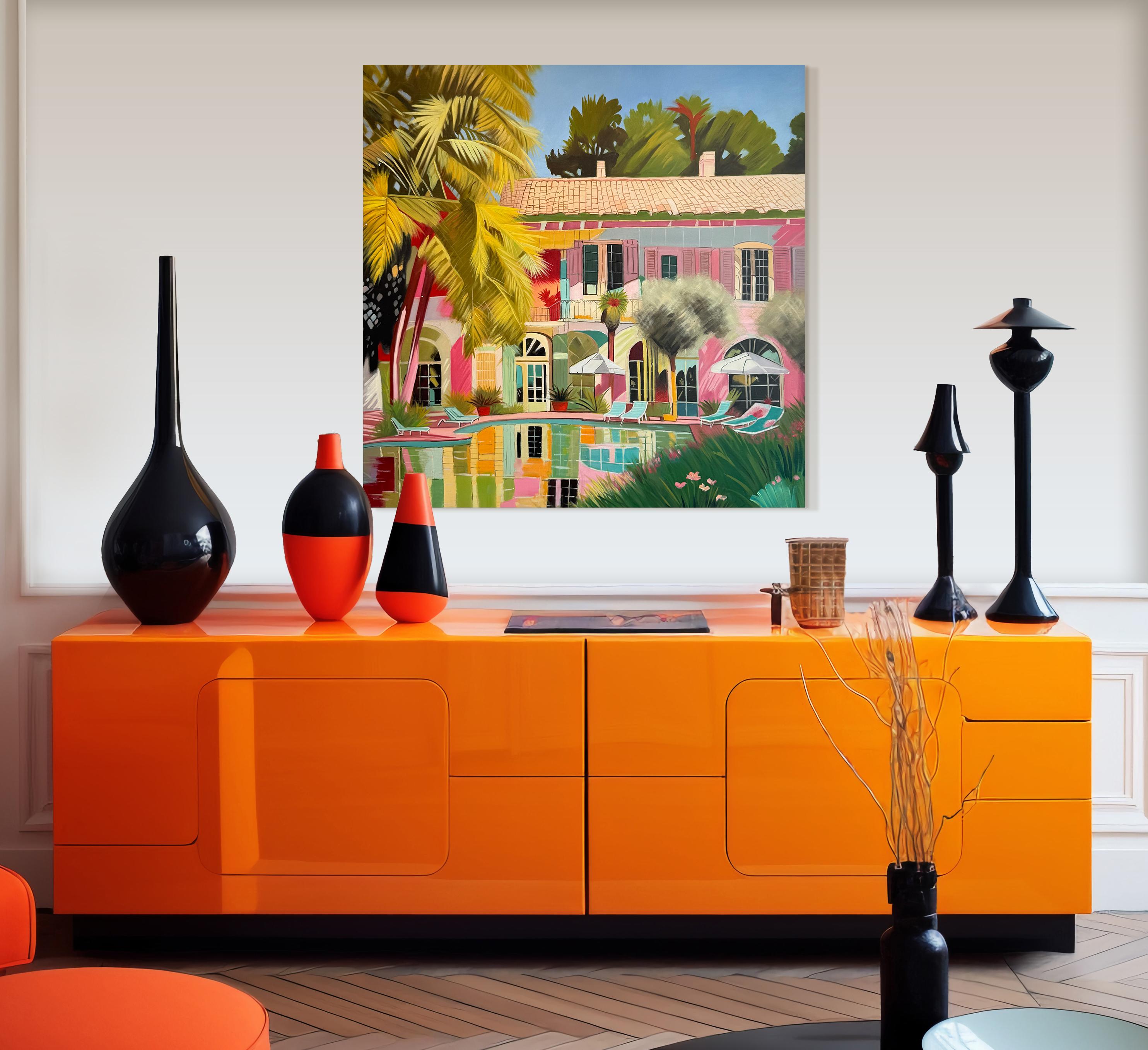Acque incontaminate dell'amore - Pittura a olio di architettura contemporanea con piscina in vendita 8