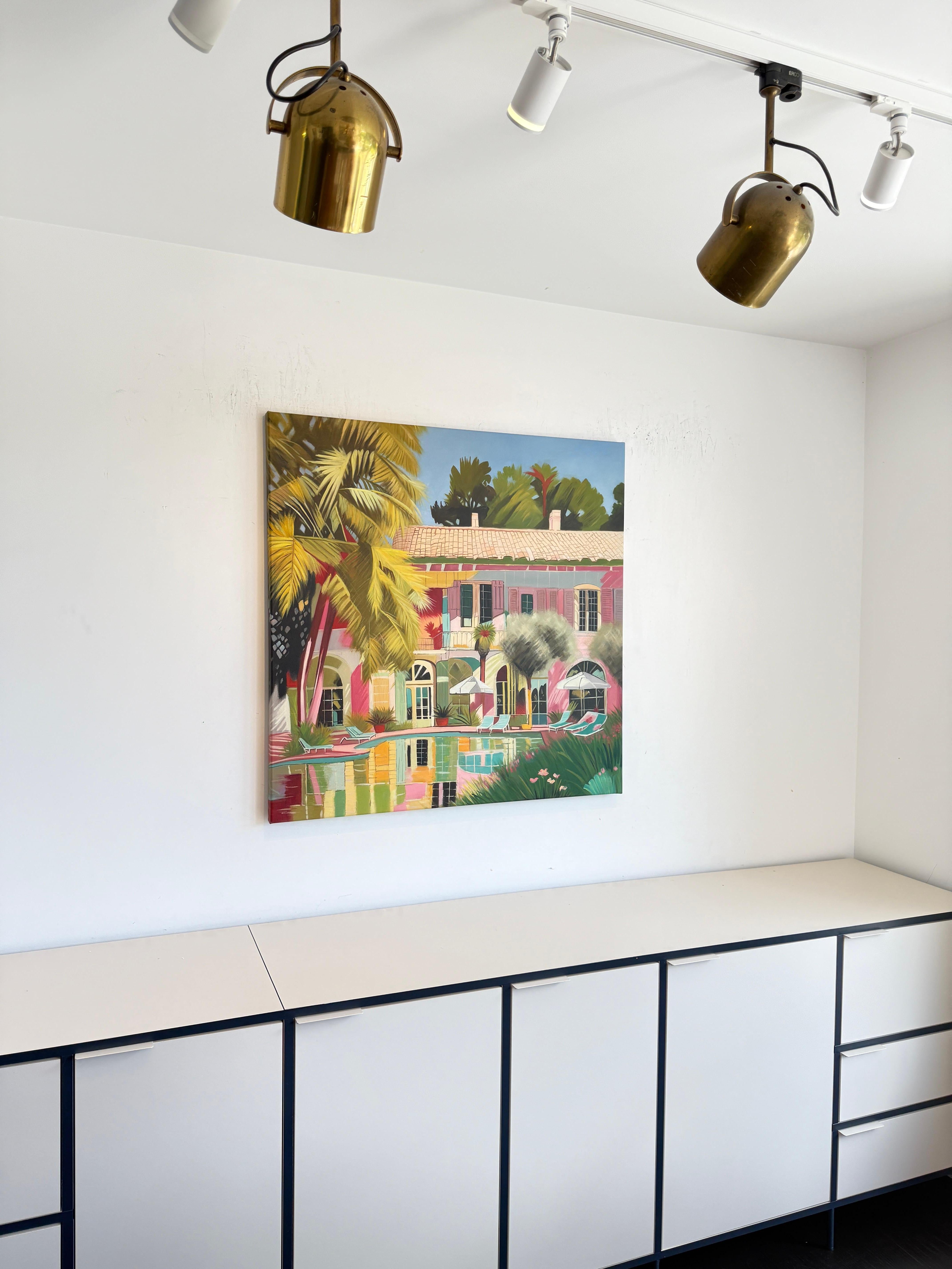 Acque incontaminate dell'amore - Pittura a olio di architettura contemporanea con piscina in vendita 9