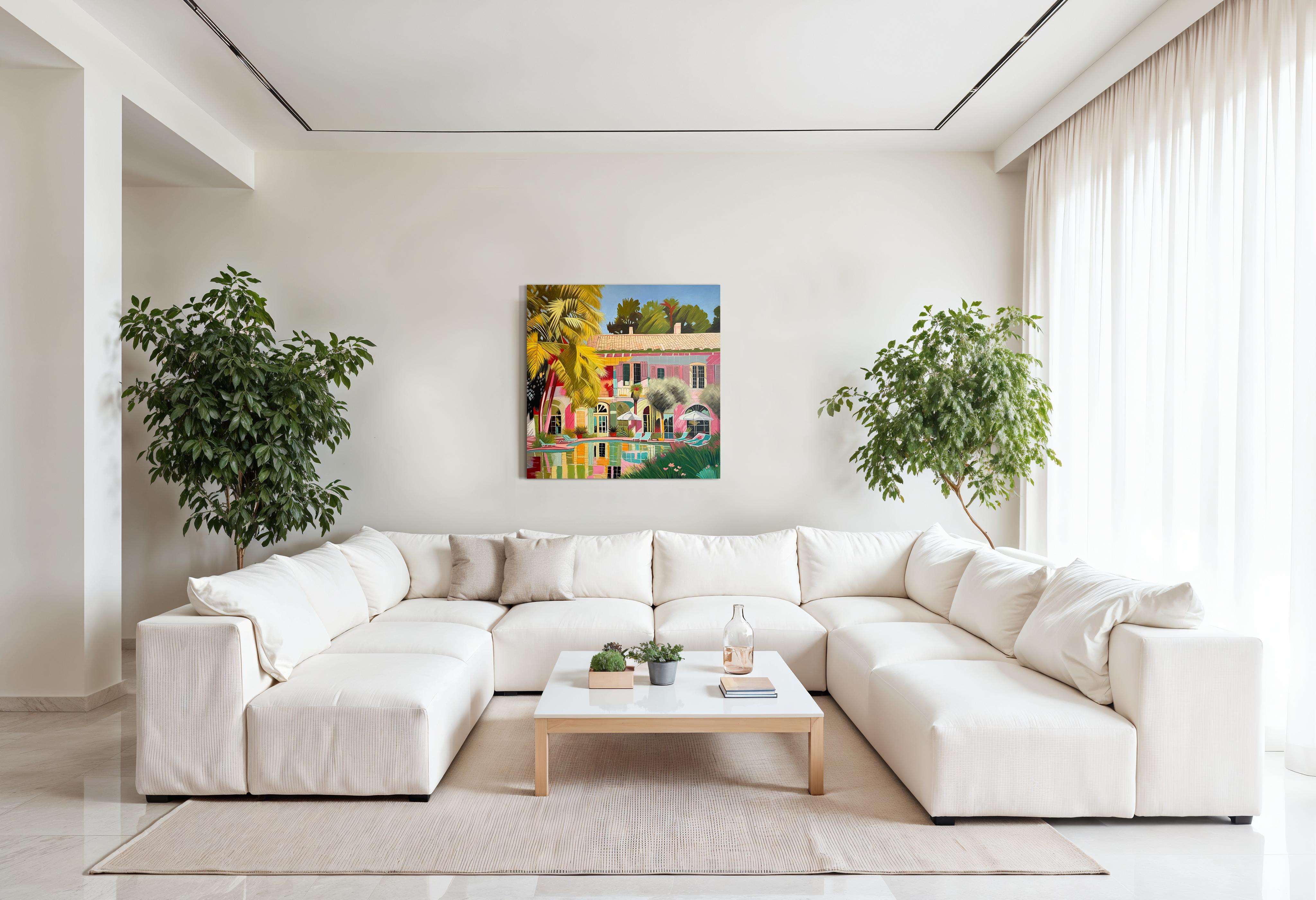Acque incontaminate dell'amore - Pittura a olio di architettura contemporanea con piscina in vendita 10