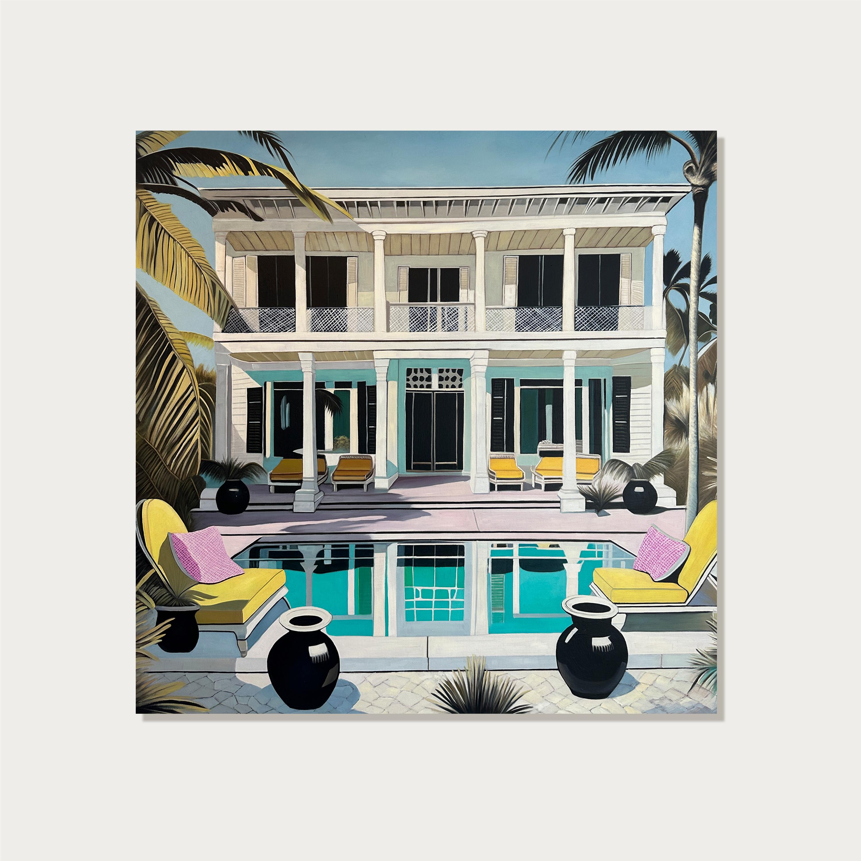 Unbekannte Gewässer der Liebe - Zeitgenössische Architektur POOL Haus Ölgemälde – Painting von Lilly Muth