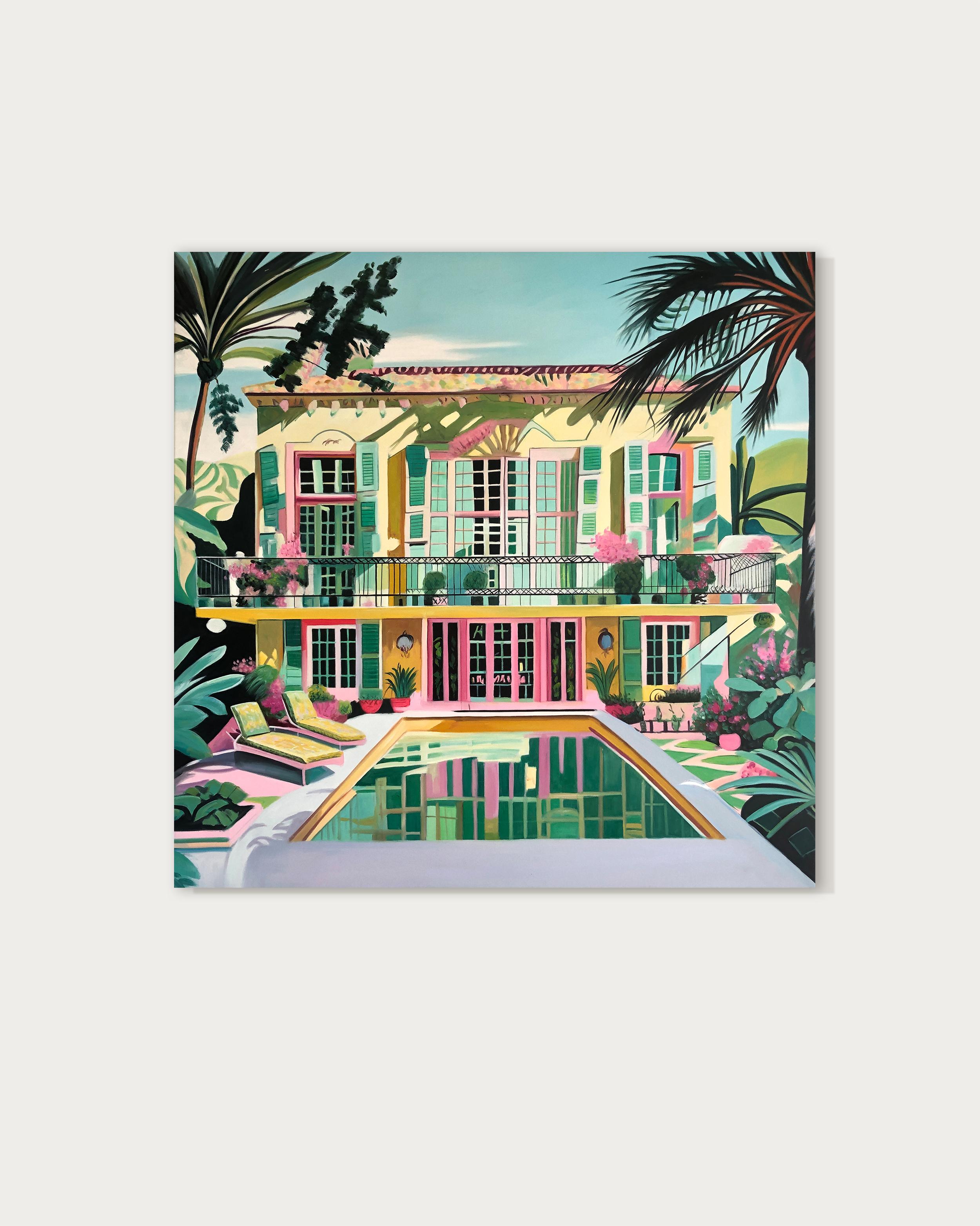 Unchartered Waters of Love - Contemporary Architecture Pool House Oil Painting - Gray Abstract Painting by Lilly Muth