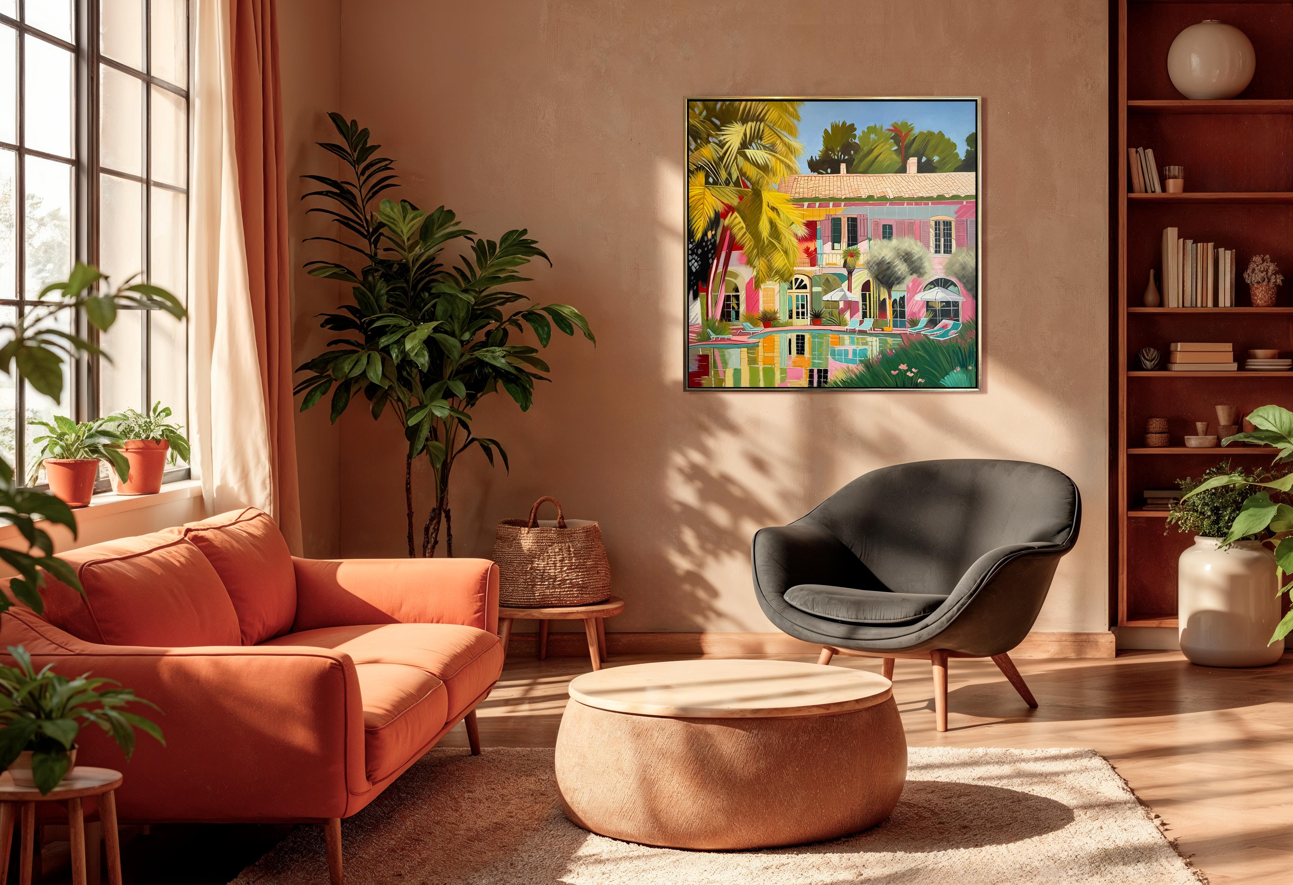 Acque incontaminate dell'amore - Pittura a olio di architettura contemporanea con piscina - Painting Contemporaneo di Lilly Muth