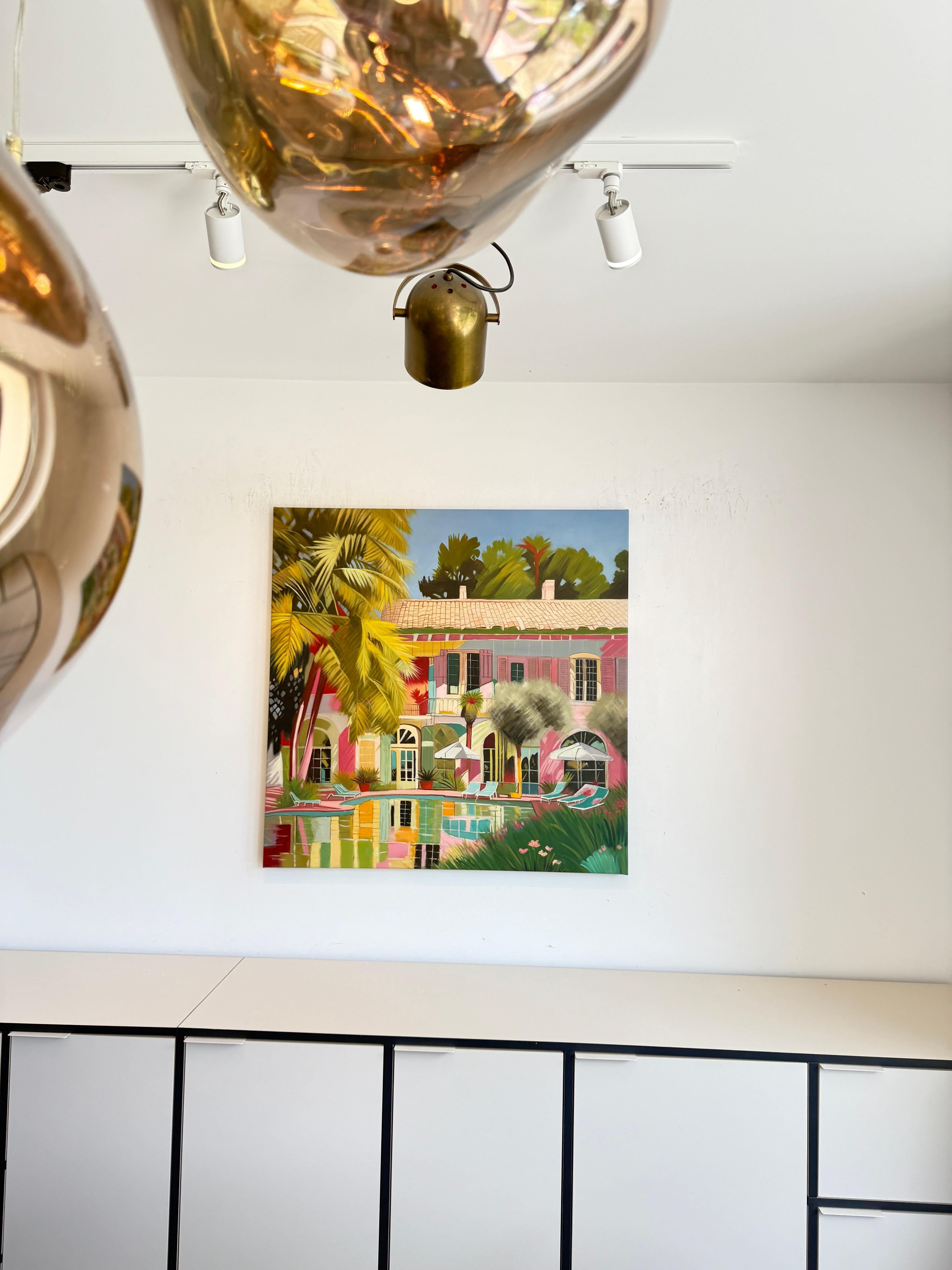 Acque incontaminate dell'amore - Pittura a olio di architettura contemporanea con piscina - Abstract Painting Marrone di Lilly Muth