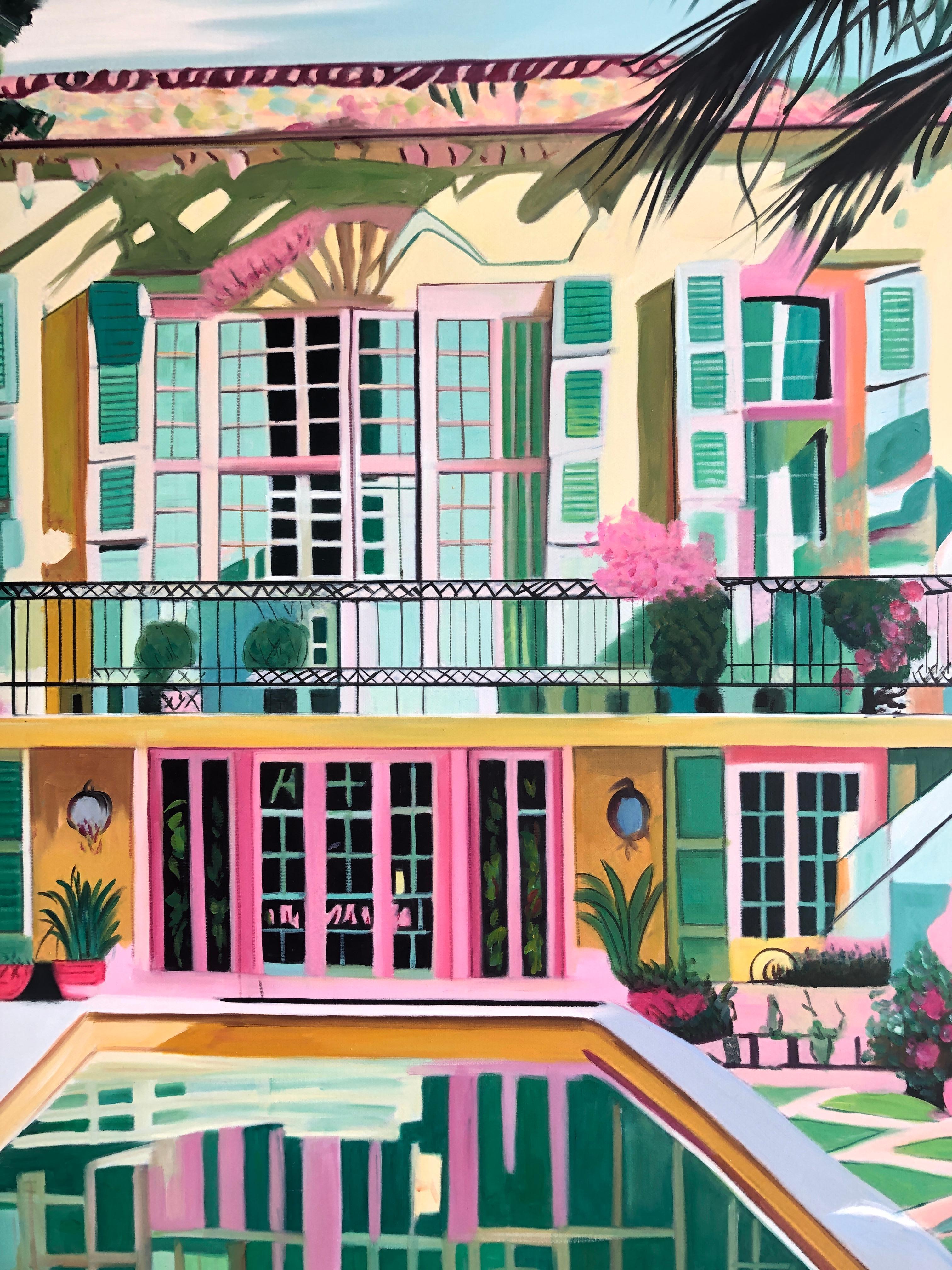 Unchartered Waters of Love - Contemporary Architecture Pool House Oil Painting For Sale 1