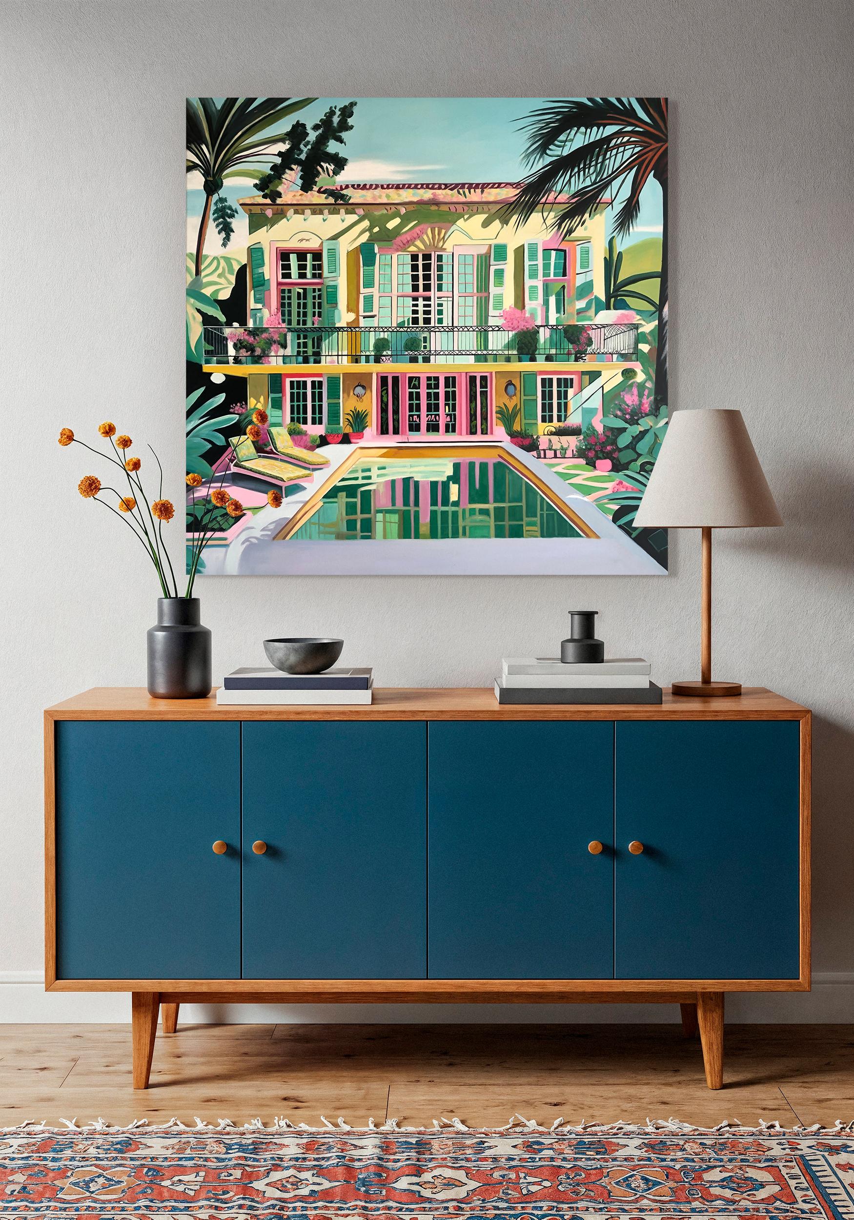 Unchartered Waters of Love - Contemporary Architecture Pool House Oil Painting For Sale 2