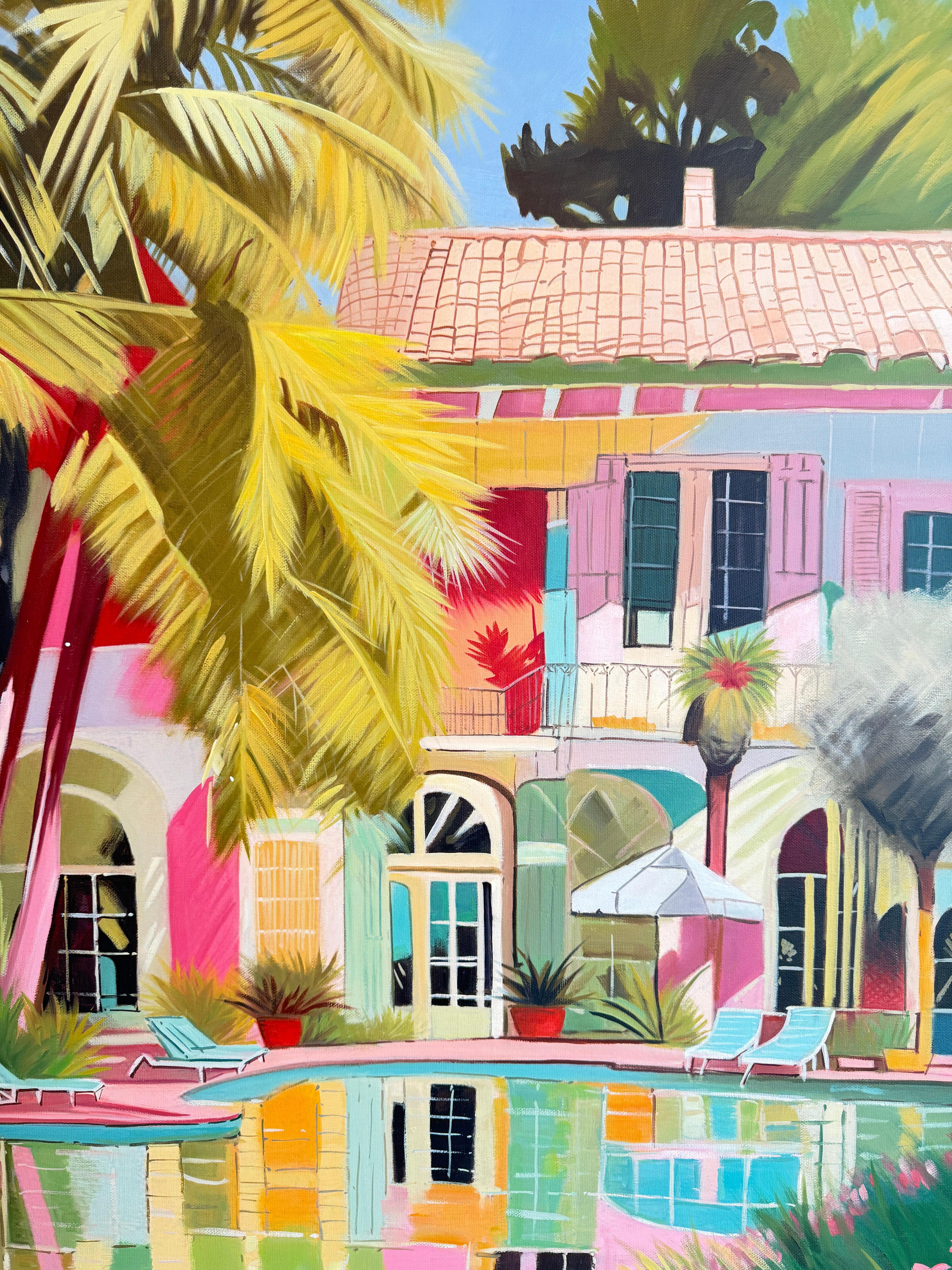 Acque incontaminate dell'amore - Pittura a olio di architettura contemporanea con piscina in vendita 1