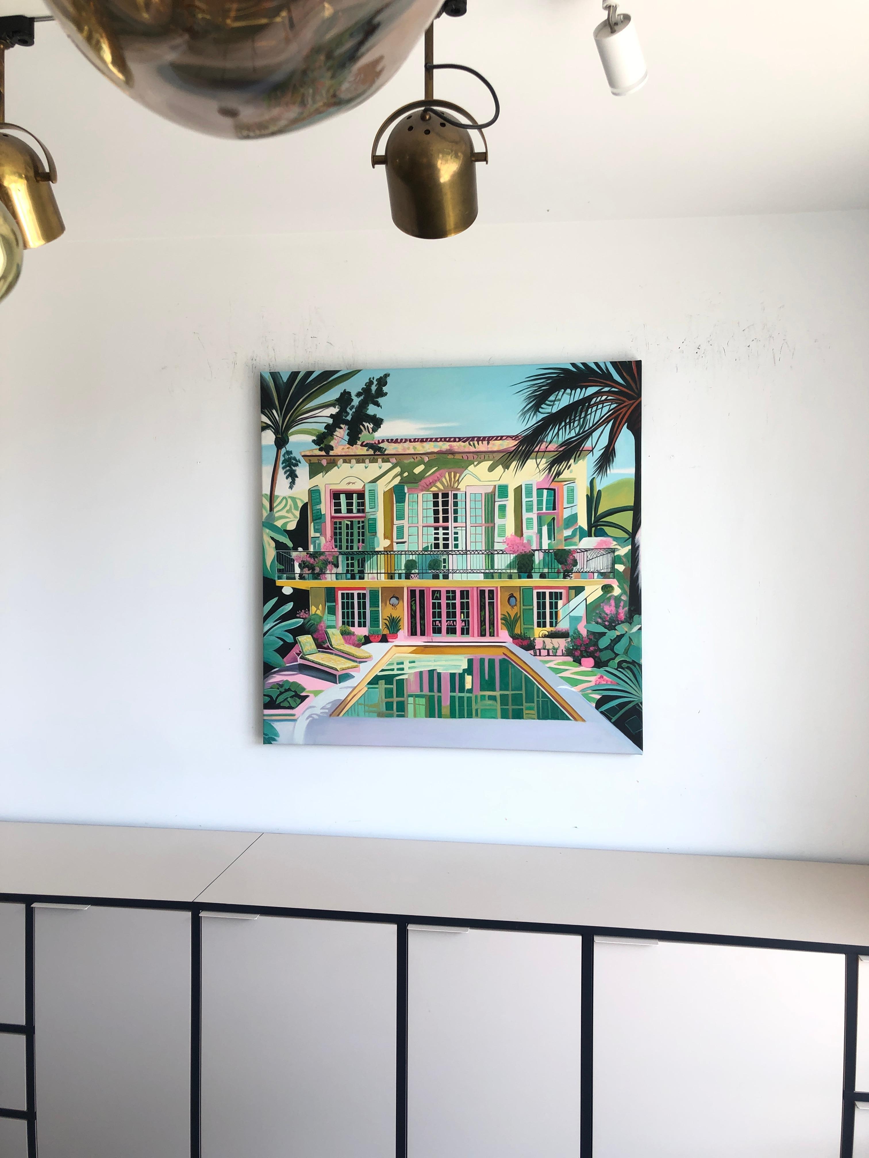 Unchartered Waters of Love - Contemporary Architecture Pool House Oil Painting For Sale 3