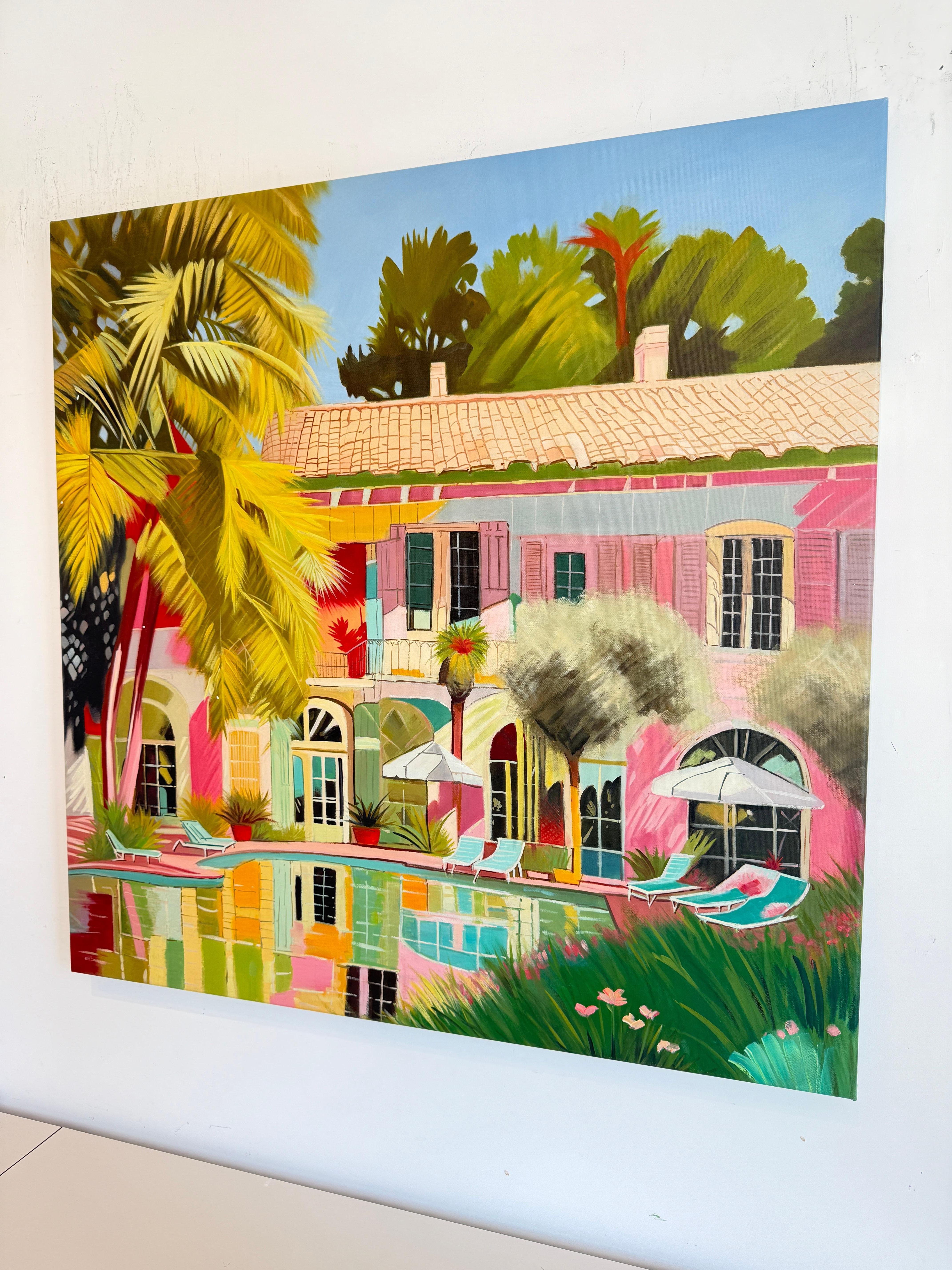 Acque incontaminate dell'amore - Pittura a olio di architettura contemporanea con piscina in vendita 2