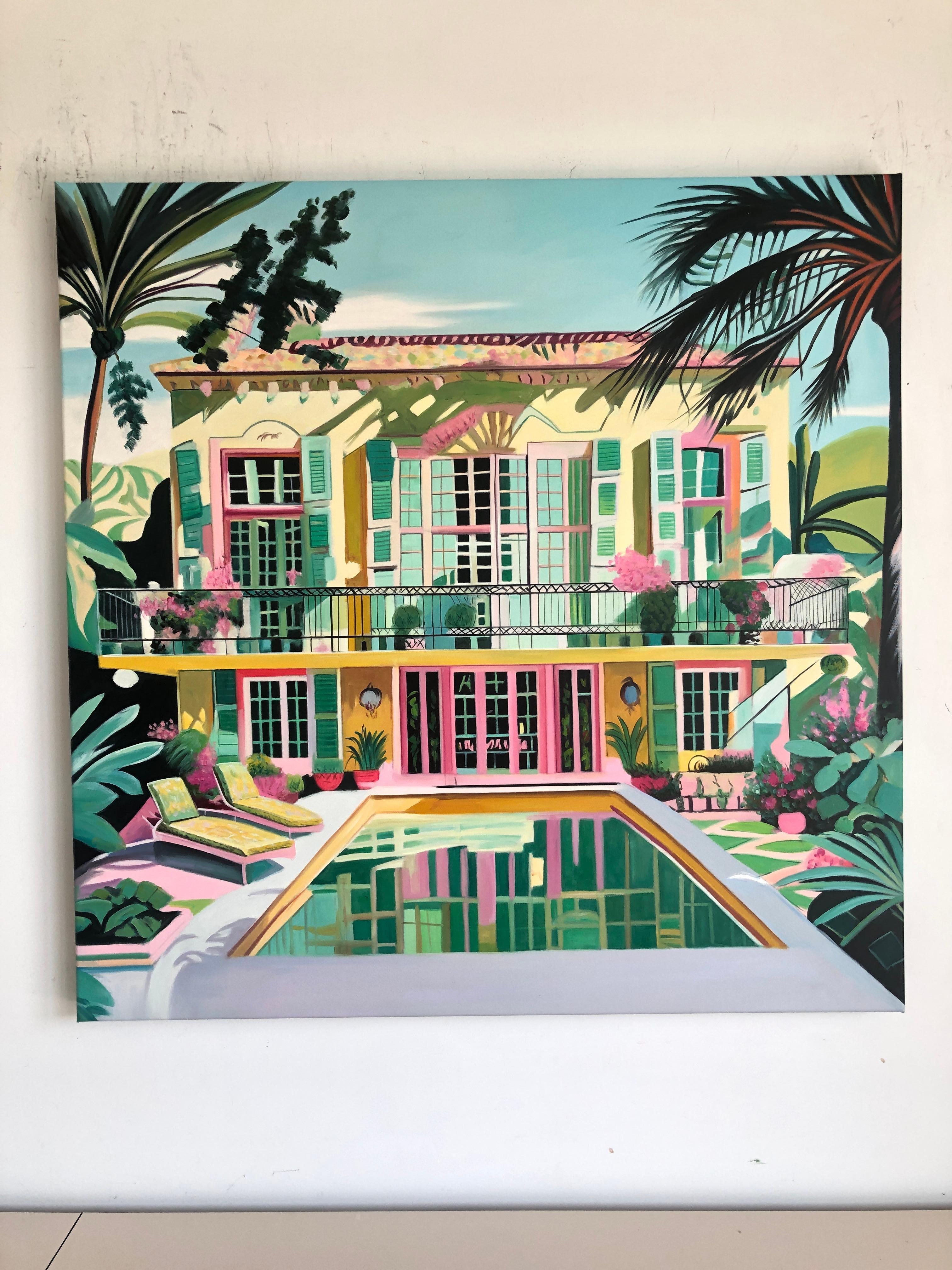 Unchartered Waters of Love - Contemporary Architecture Pool House Oil Painting For Sale 4