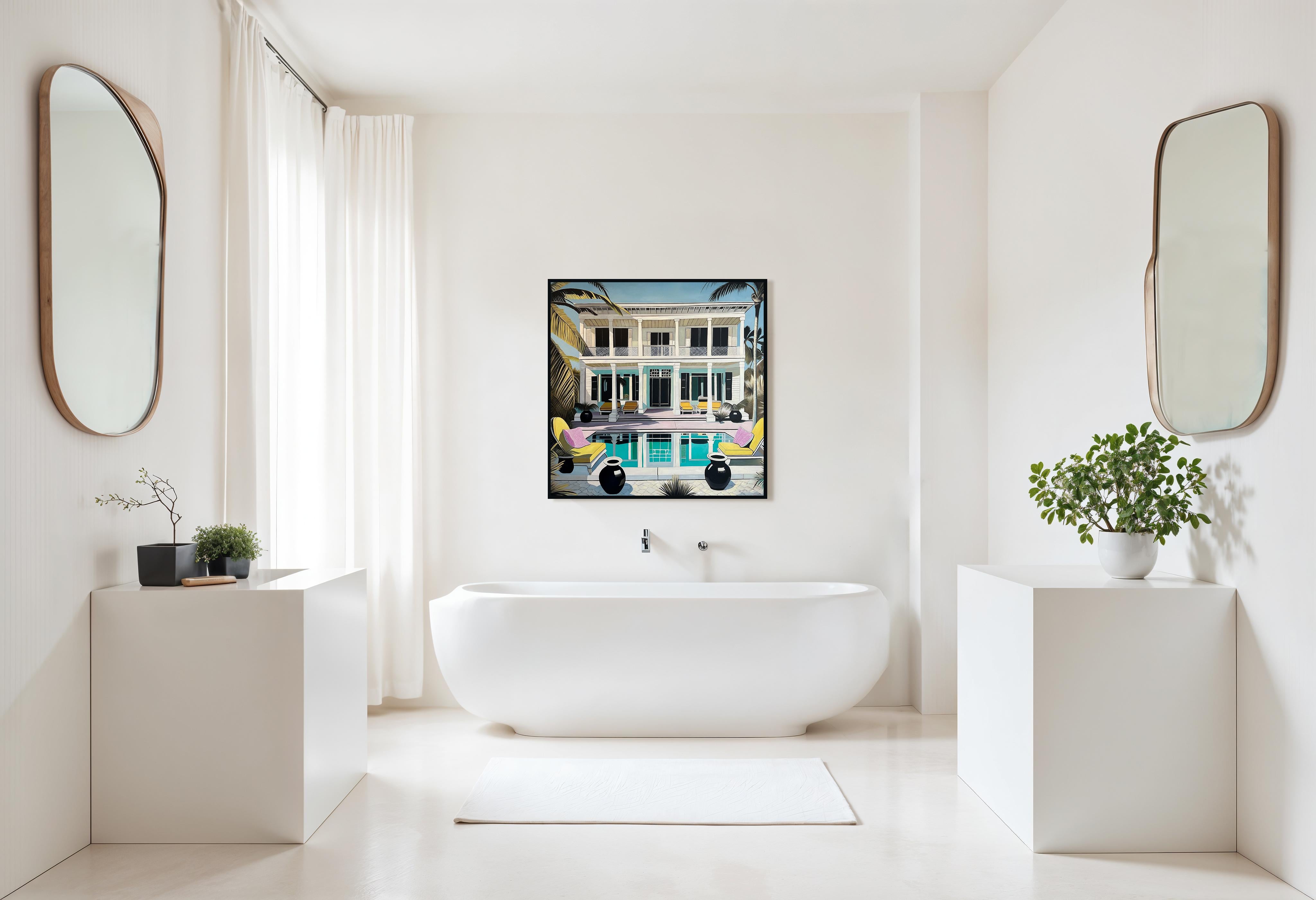 Unbekannte Gewässer der Liebe - Zeitgenössische Architektur POOL Haus Ölgemälde im Angebot 4