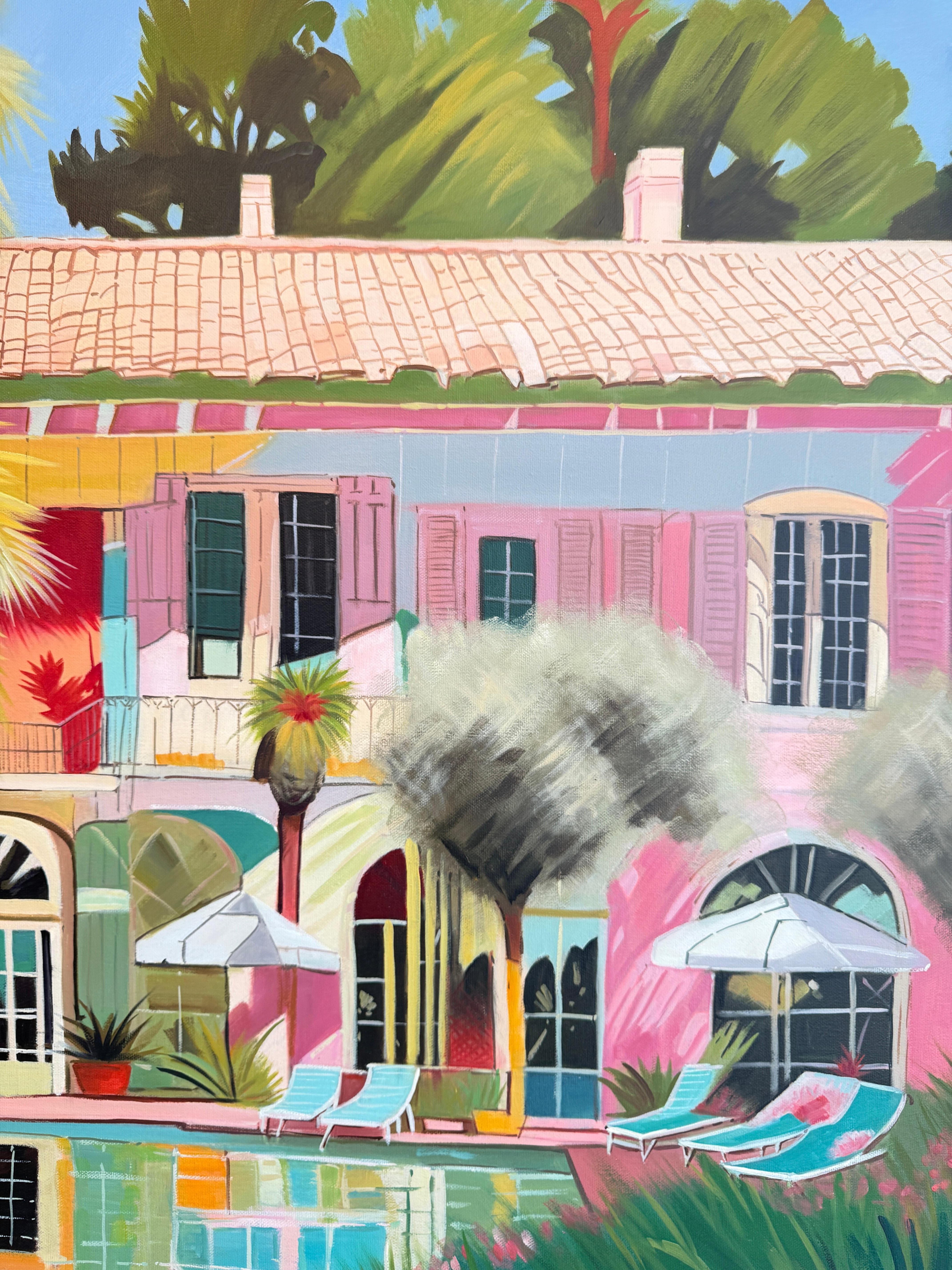 Acque incontaminate dell'amore - Pittura a olio di architettura contemporanea con piscina in vendita 3