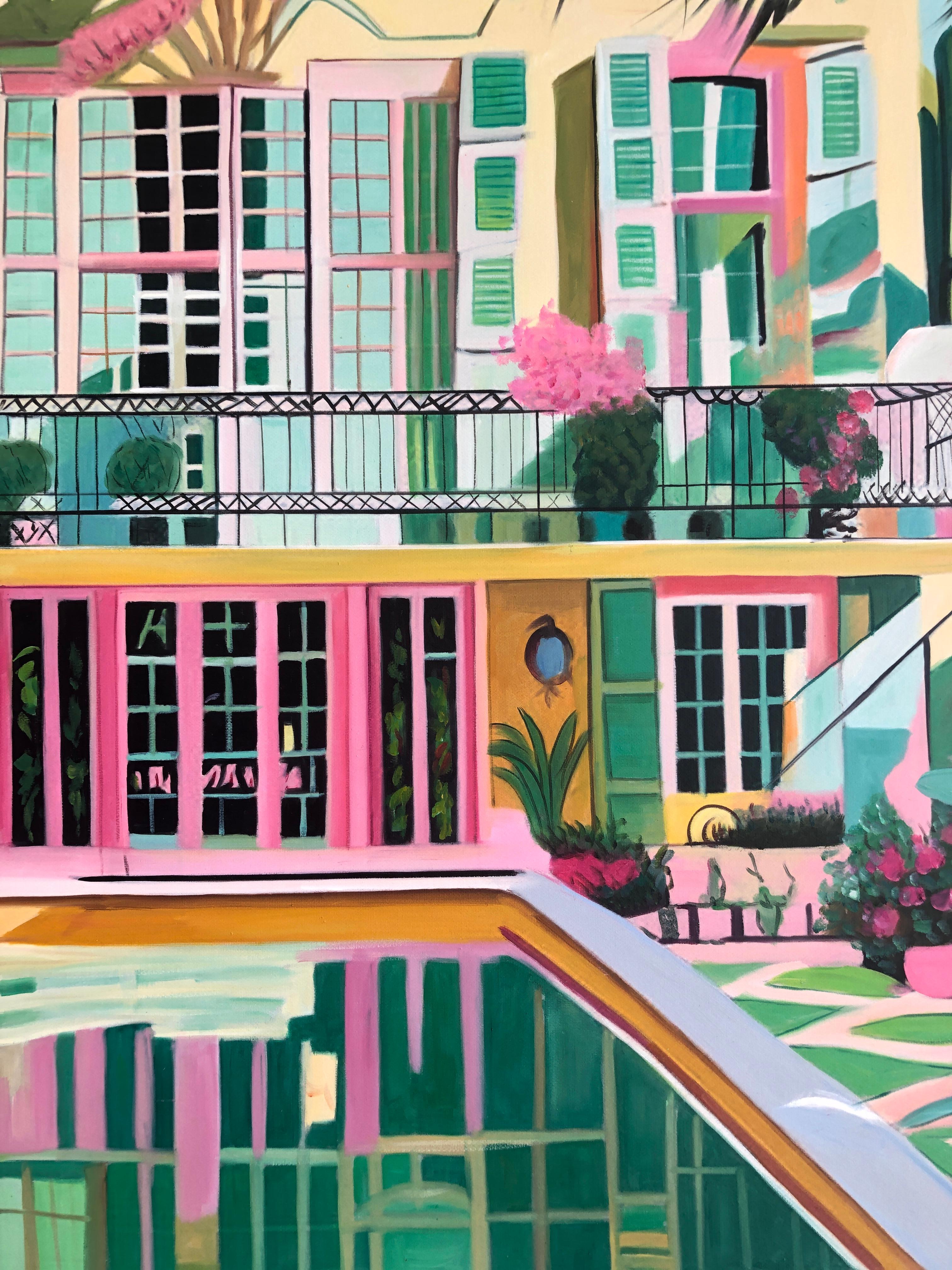 Unchartered Waters of Love - Contemporary Architecture Pool House Oil Painting For Sale 5