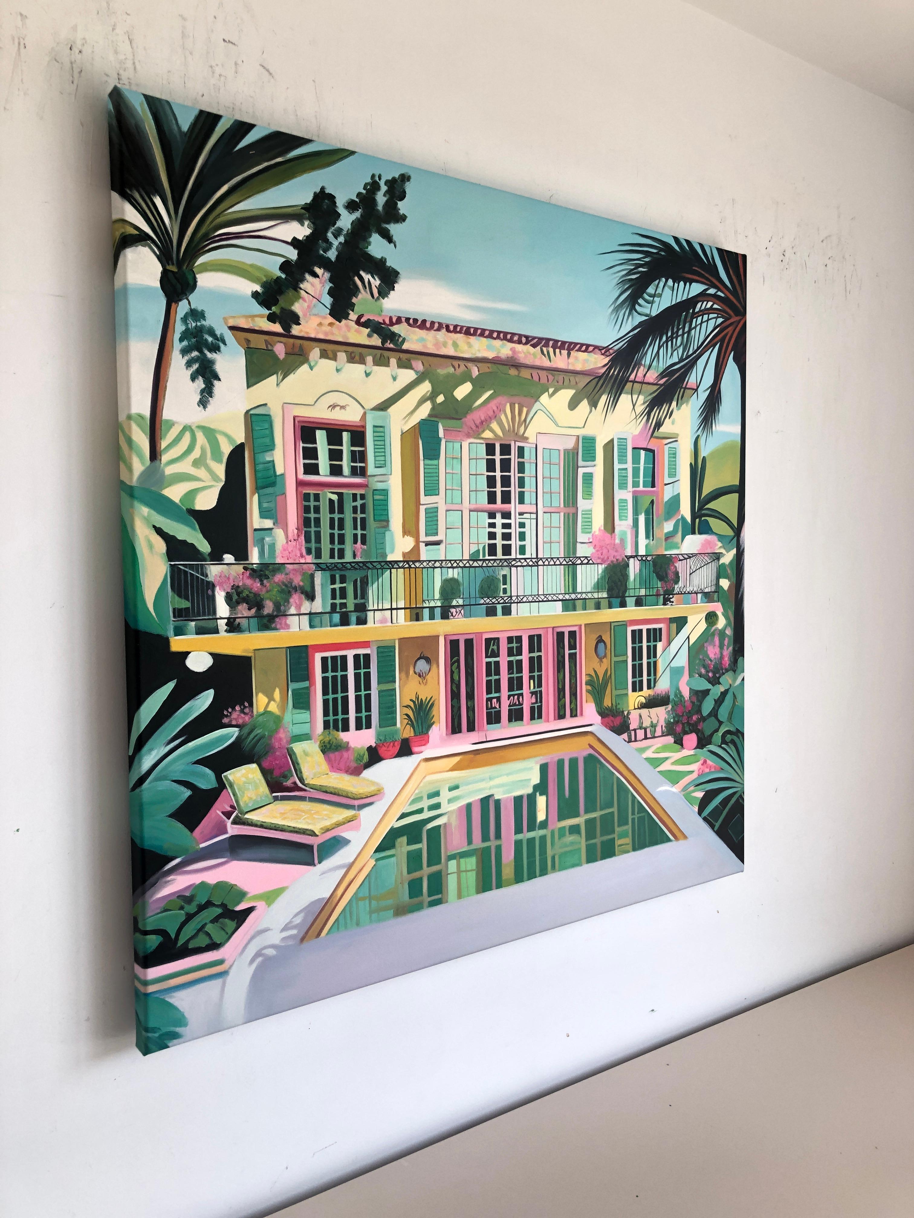 Unchartered Waters of Love - Contemporary Architecture Pool House Oil Painting For Sale 6