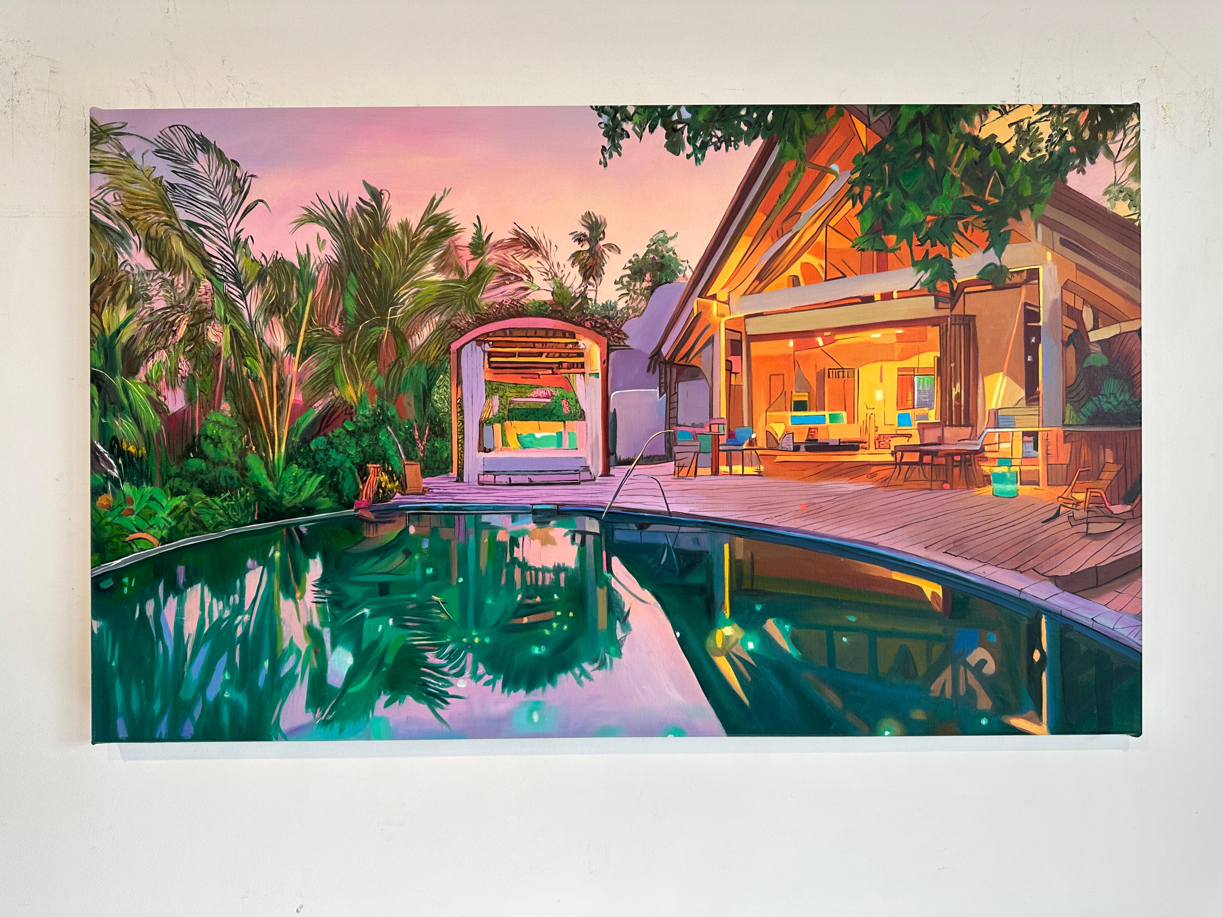 Wanderlust by Lilly Muth - Contemporary Architecture Villa Oil Painting For Sale 1