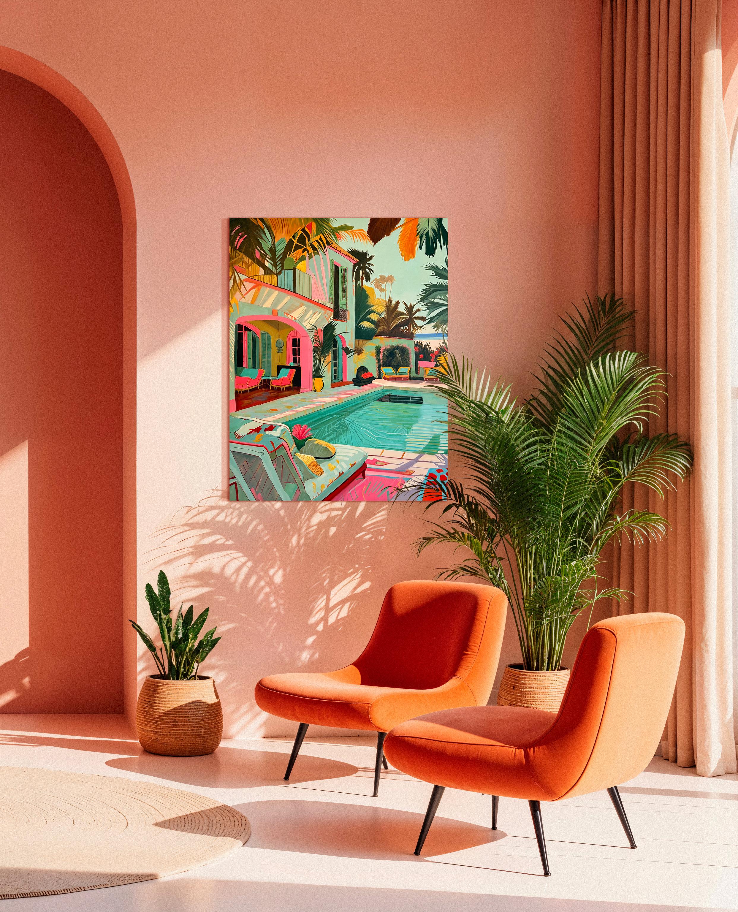 Waves and Whispers - Zeitgenössische Architektur POOL Haus Ölgemälde im Angebot 1