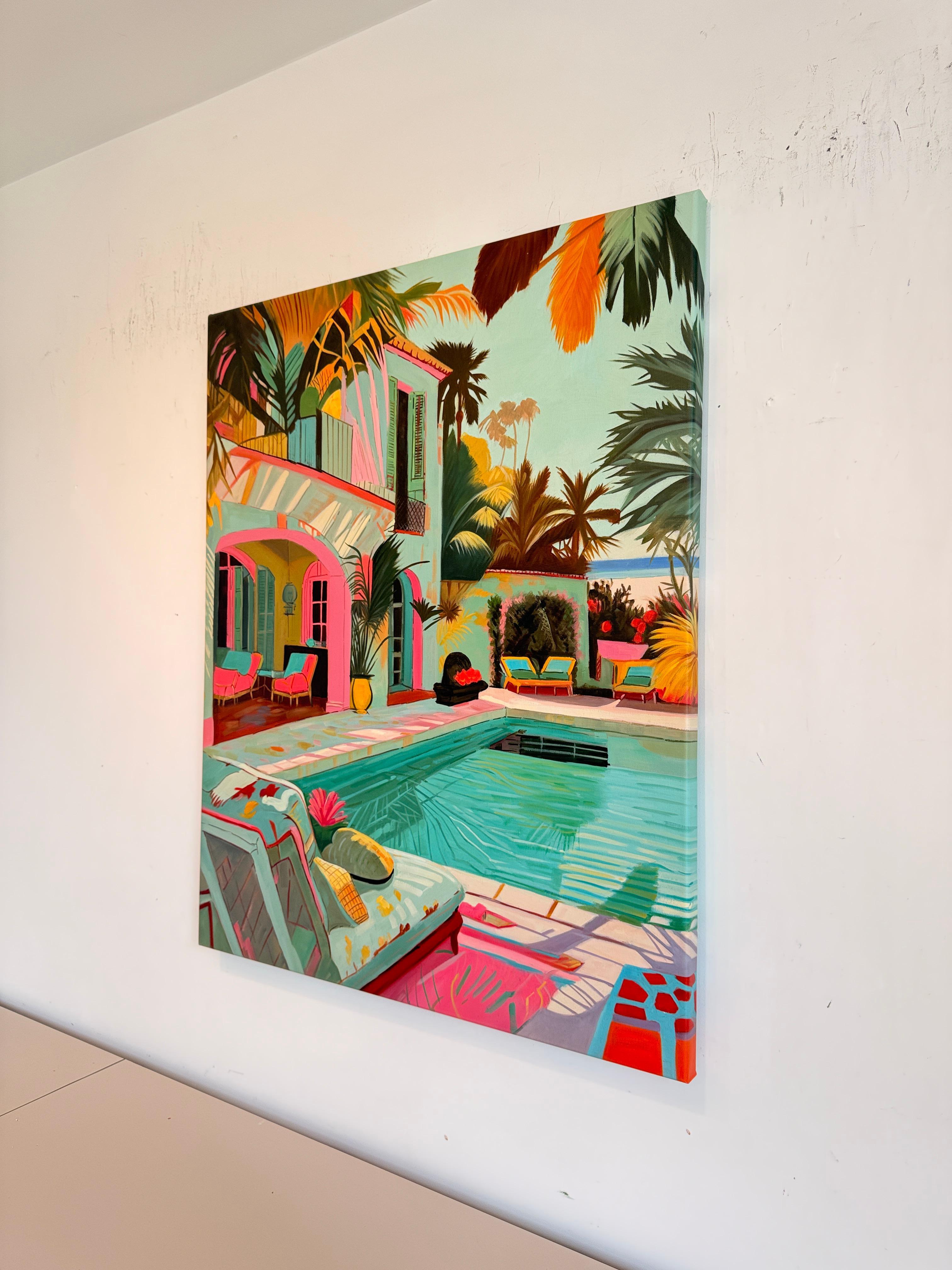 Waves and Whispers - Zeitgenössische Architektur POOL Haus Ölgemälde im Angebot 5