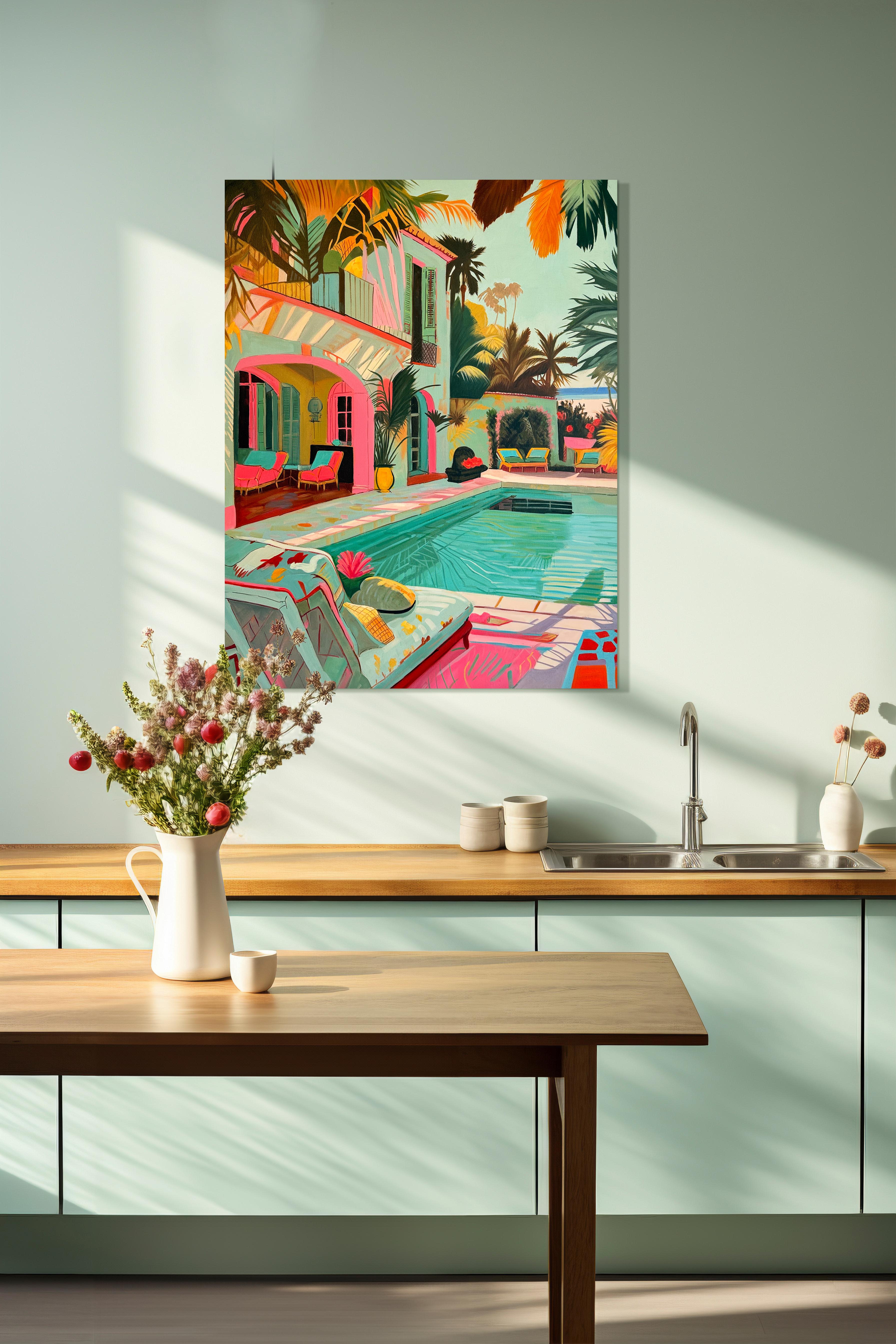 Waves and Whispers - Zeitgenössische Architektur POOL Haus Ölgemälde im Angebot 7