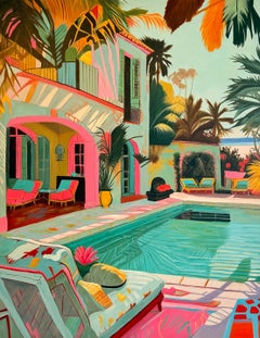 Waves and Whispers - Contemporary Architecture Pool House Oil Painting