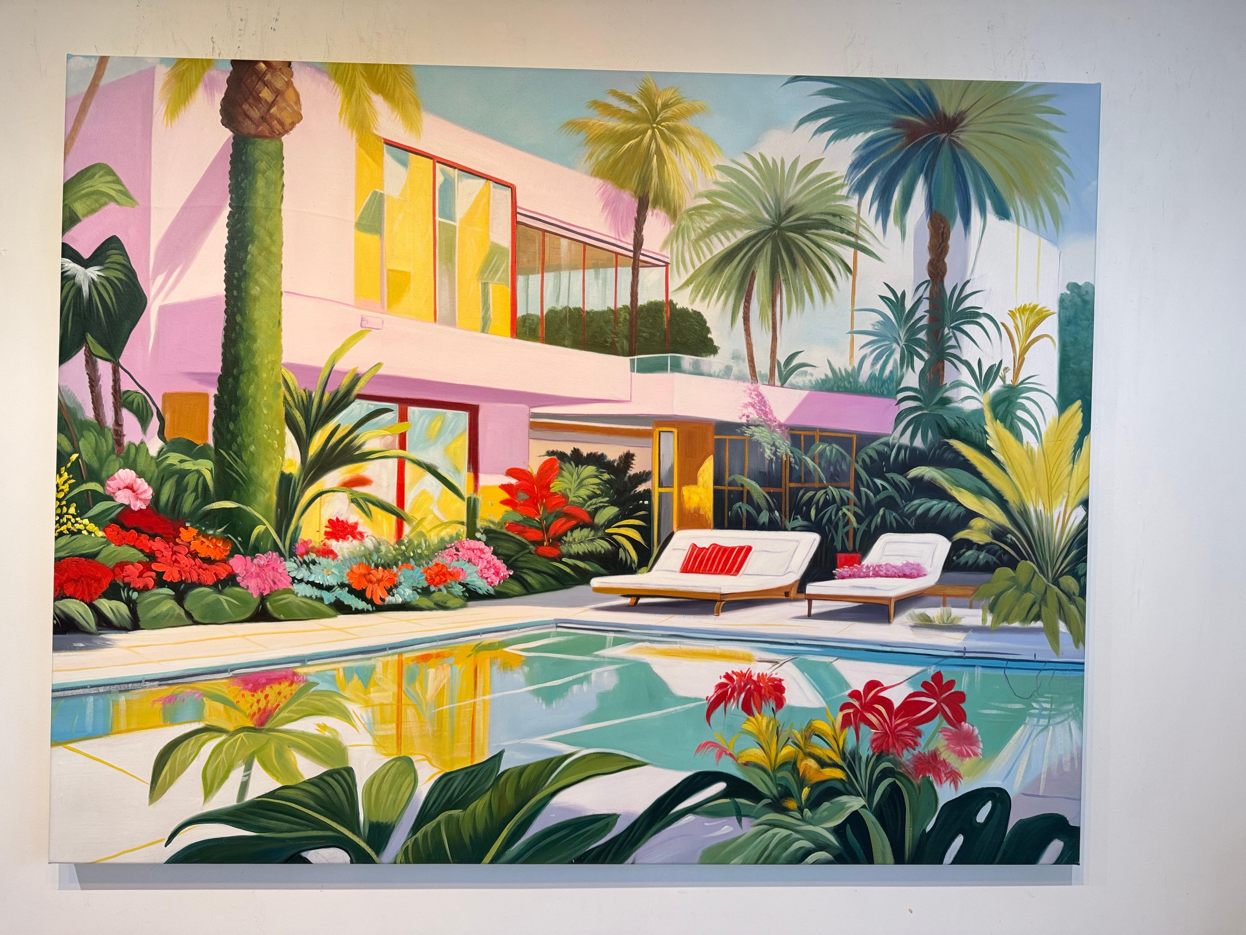 Where Days Drift Beyond Reality - Contemporary Architecture Pool Oil Painting For Sale 4