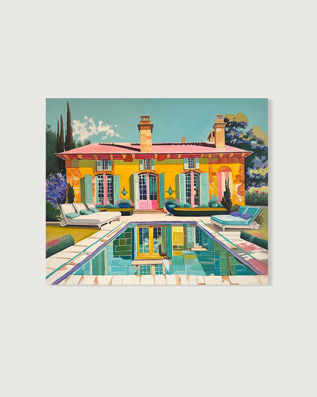 Where Each Day Feels Like a Dream - Contemporary Architecture Pool Oil Painting (Braun), Abstract Painting, von Lilly Muth