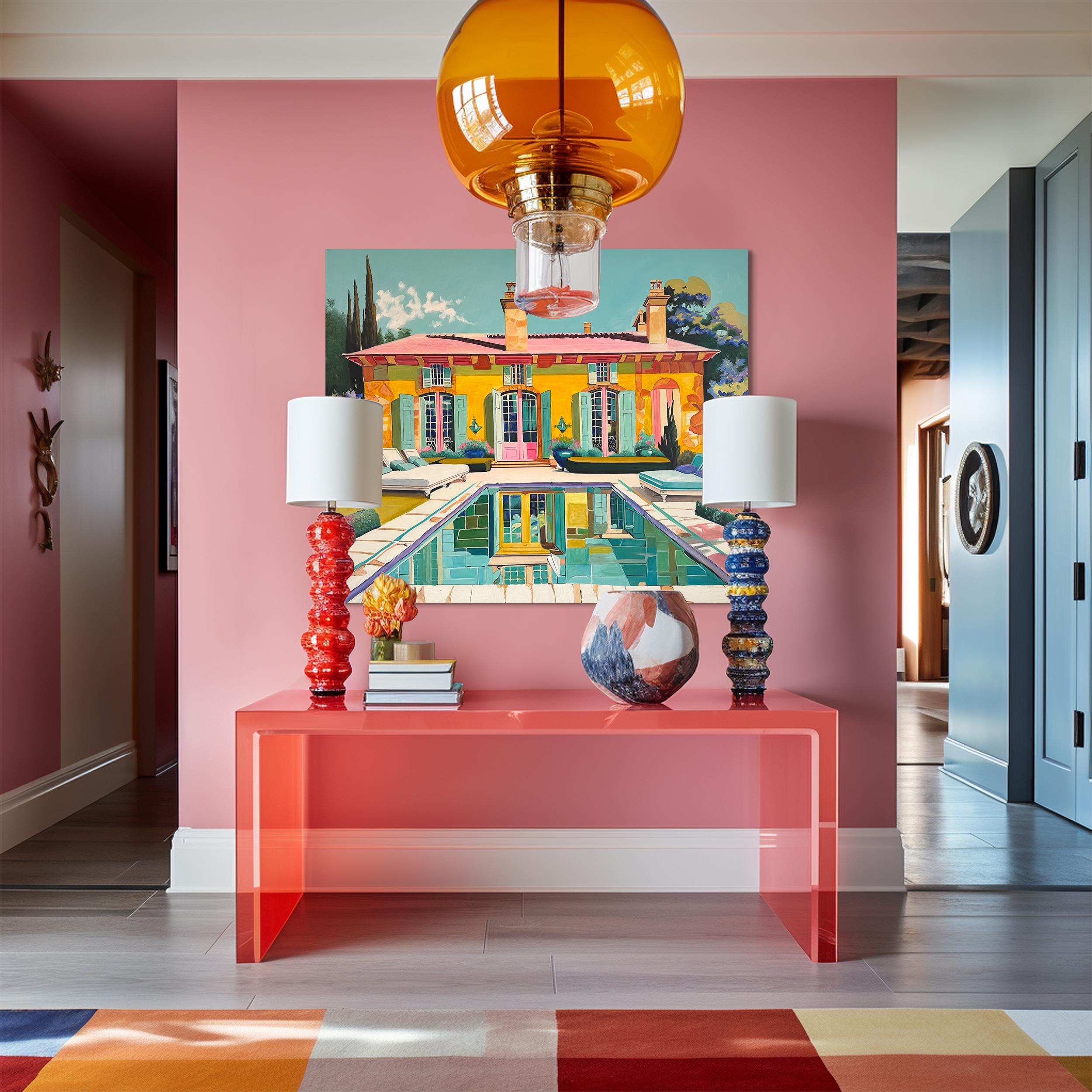 Where Each Day Feels Like a Dream - Contemporary Architecture Pool Oil Painting im Angebot 1