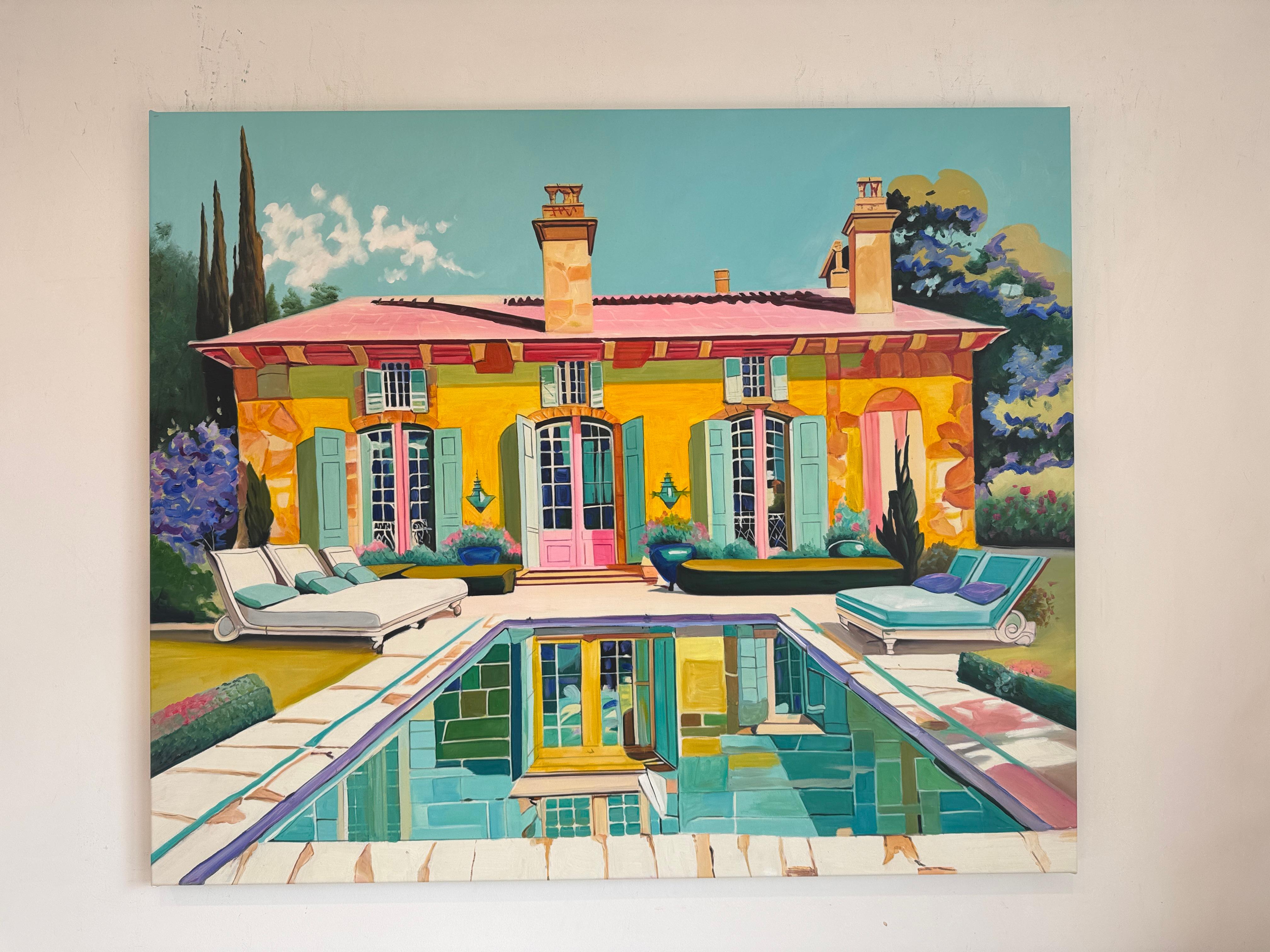 Where Each Day Feels Like a Dream - Contemporary Architecture Pool Oil Painting im Angebot 4