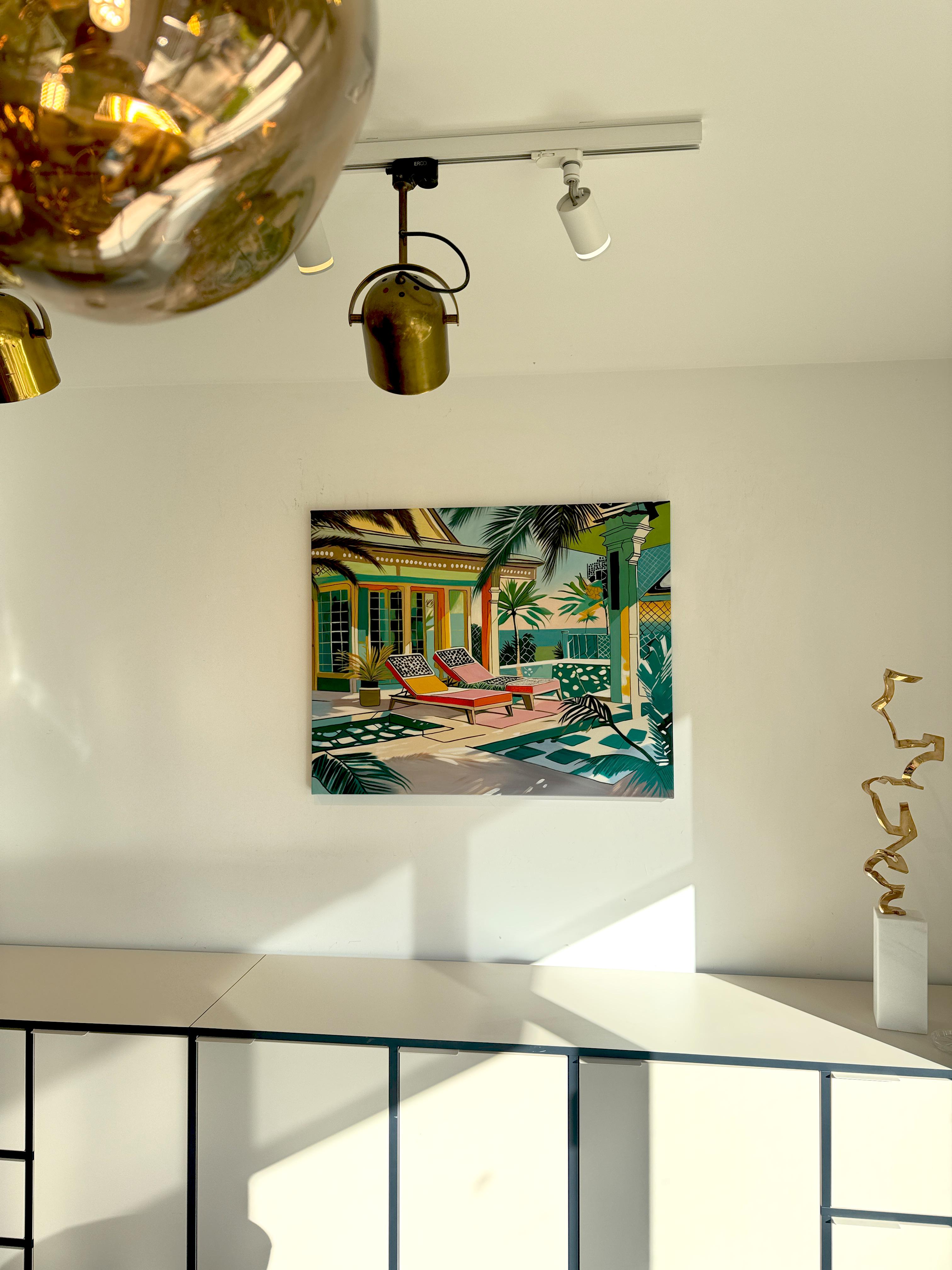 Where light lingers longest - Contemporary Architecture pool House Oil Painting For Sale 10