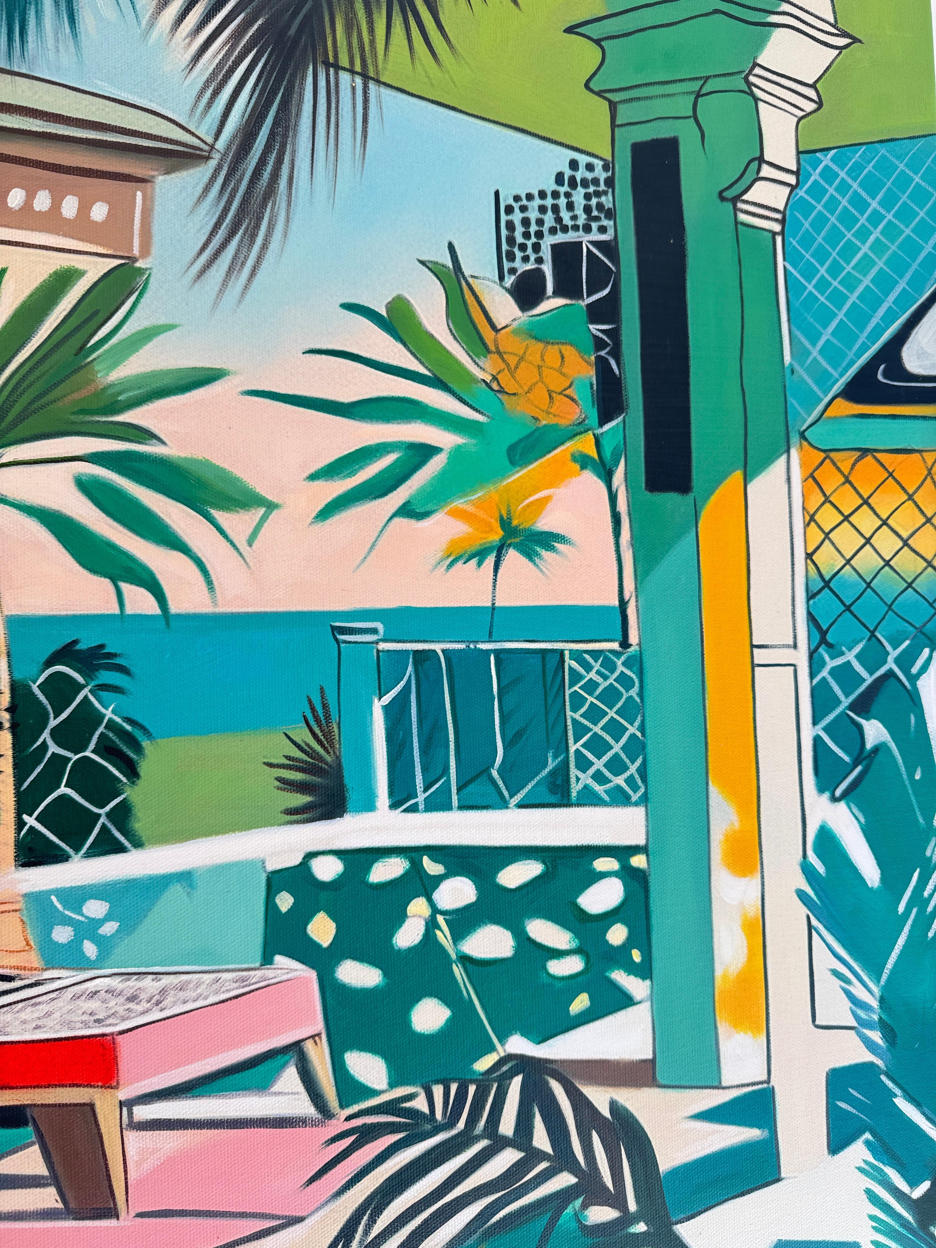 Where light lingers longest - Contemporary Architecture pool House Oil Painting For Sale 11